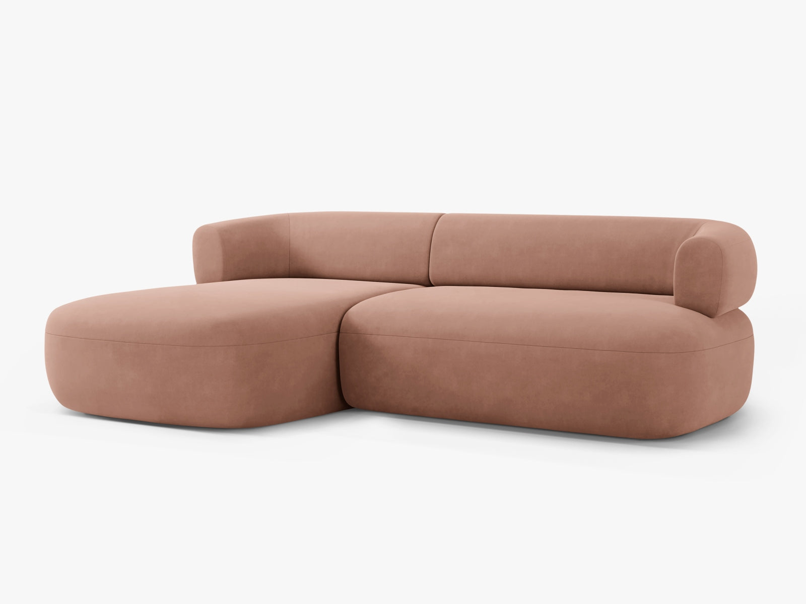 Elegantes Jenny Velour Ecksofa links, 5 Sitzer in trendigem Pink-Salvador, perfekt für stilvolle Wohnzimmergestaltung.
