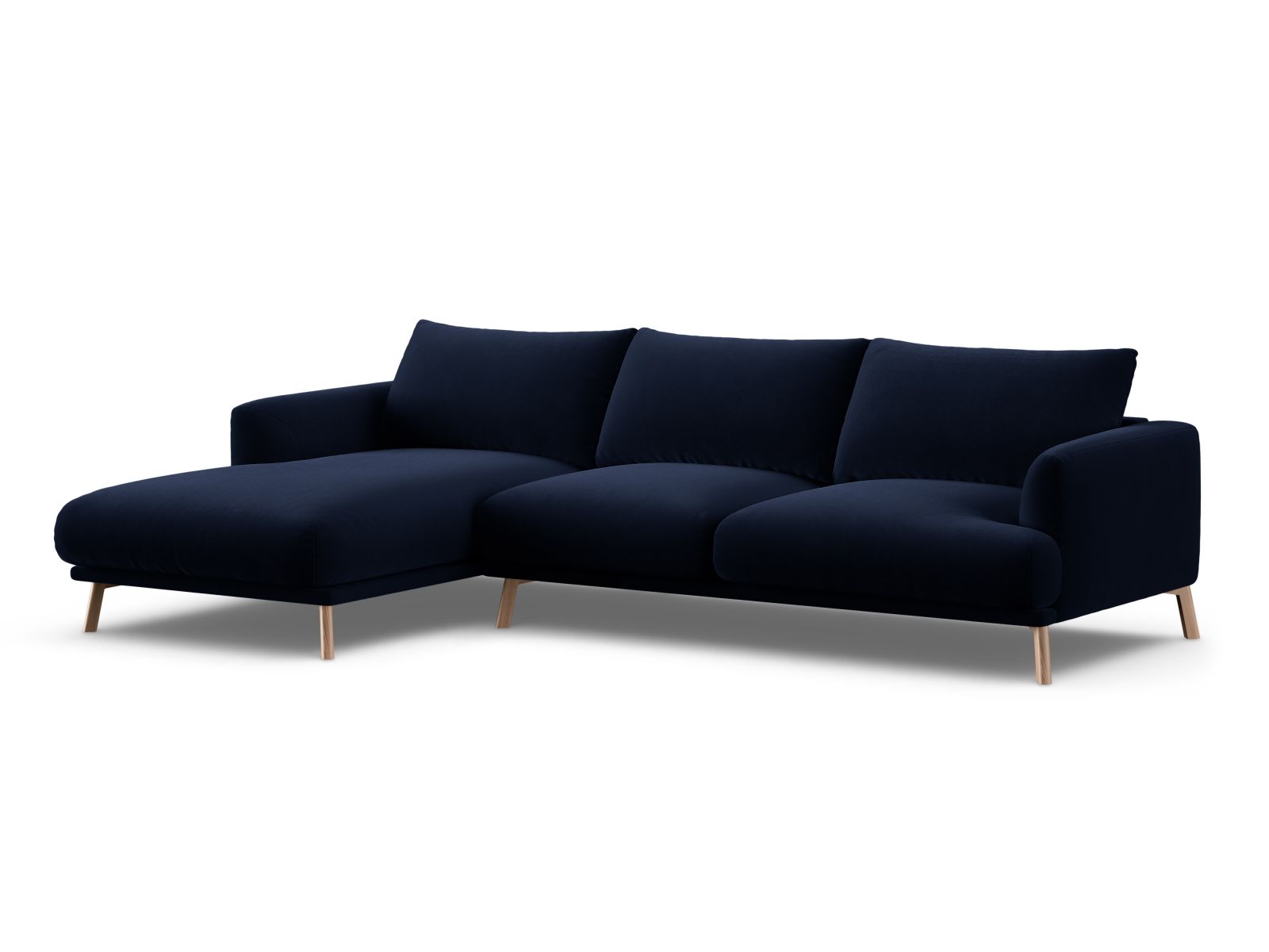 Stylisches 4-Sitzer Ecksofa links Naomi in Royal Blue-Salvador, perfekt für gemütliche Stunden und ein zeitgemäßes Ambiente.