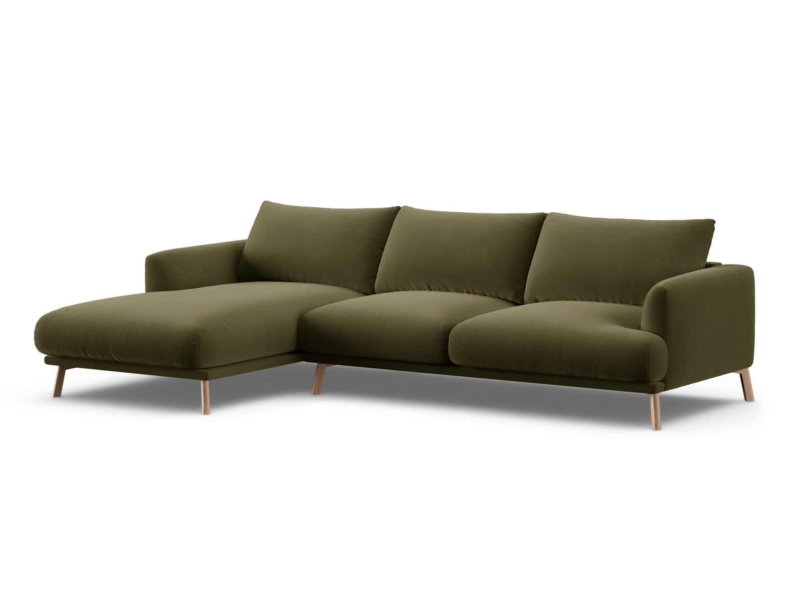 Elegantes 4-Sitzer Ecksofa links Naomi in trendigem Green-Salvador, perfekt für gemütliche Abende und stilvolle Wohnräume.