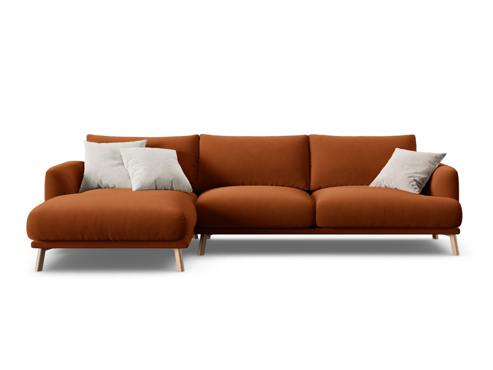 Modernes 4-Sitzer Ecksofa links Naomi in warmem Terracotta, ideal für entspannte Stunden und geschmackvolle Einrichtung.