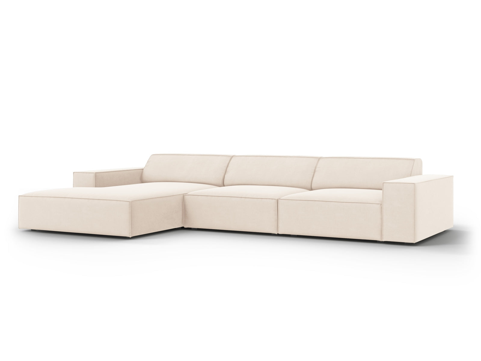 Erleben Sie das Jodie Velour Ecksofa links von Micadoni – ein modulares 4-Sitzer Sofa, das modernes Design und höchsten Komfort vereint.