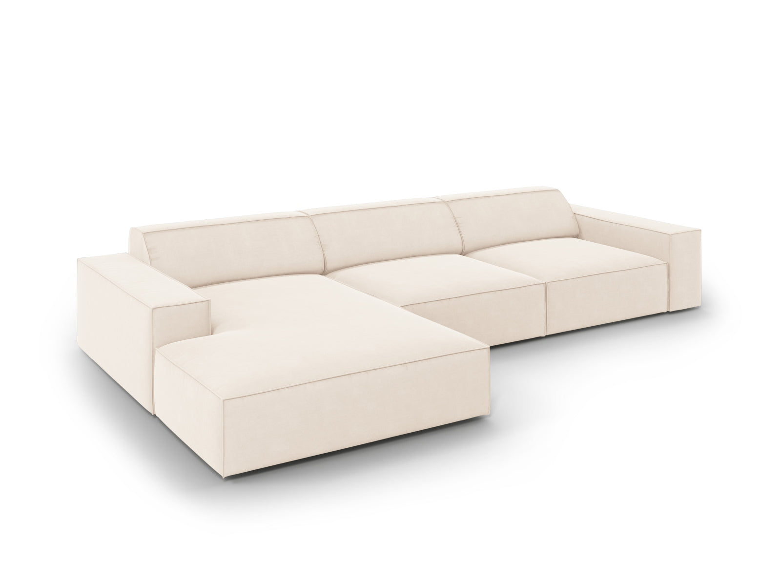 Elegantes Jodie Velour Ecksofa in sanftem Beige, ideal für stilvolle Wohnräume. Modular und bequem, bietet Platz für vier Personen.