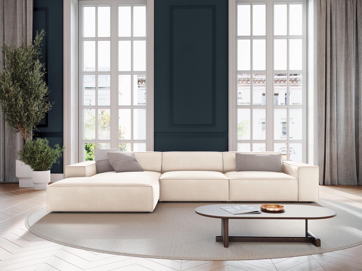 Elegantes Jodie Velour Ecksofa in Light Beige-Bluvel, ideal für stilvolle Wohnräume. Modulares Design für individuelle Anpassung.