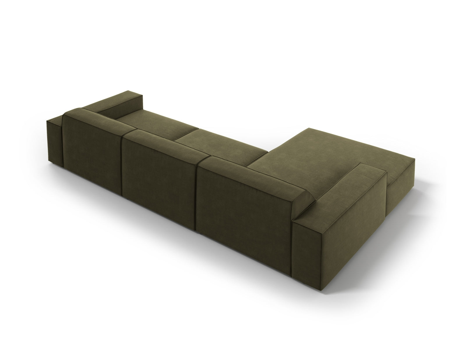 Stylisches, modulares 4-Sitzer Ecksofa Jodie in luxuriösem Velours, linksseitig, in trendigem Green-Bluvel, perfekt für gemütliche Wohnzimmer.