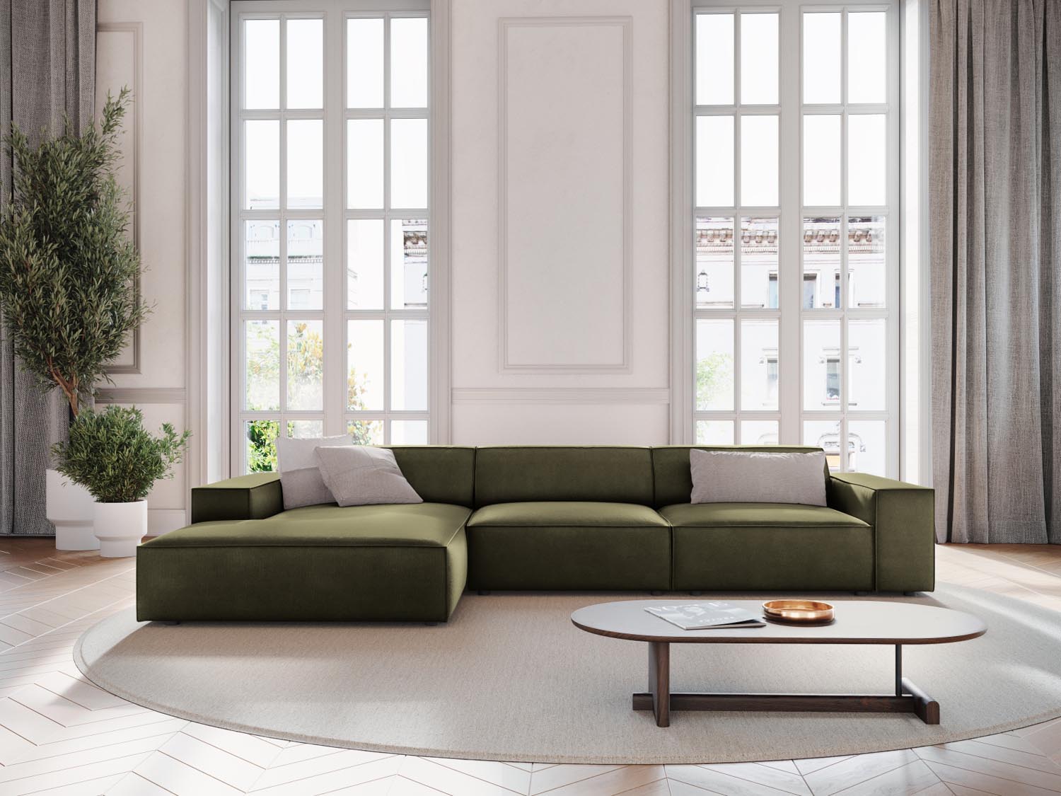 Elegantes, modulares Ecksofa Jodie in Velours, linksseitig, 4-Sitzer in stilvollem Green-Bluvel, ideal für moderne Wohnräume.