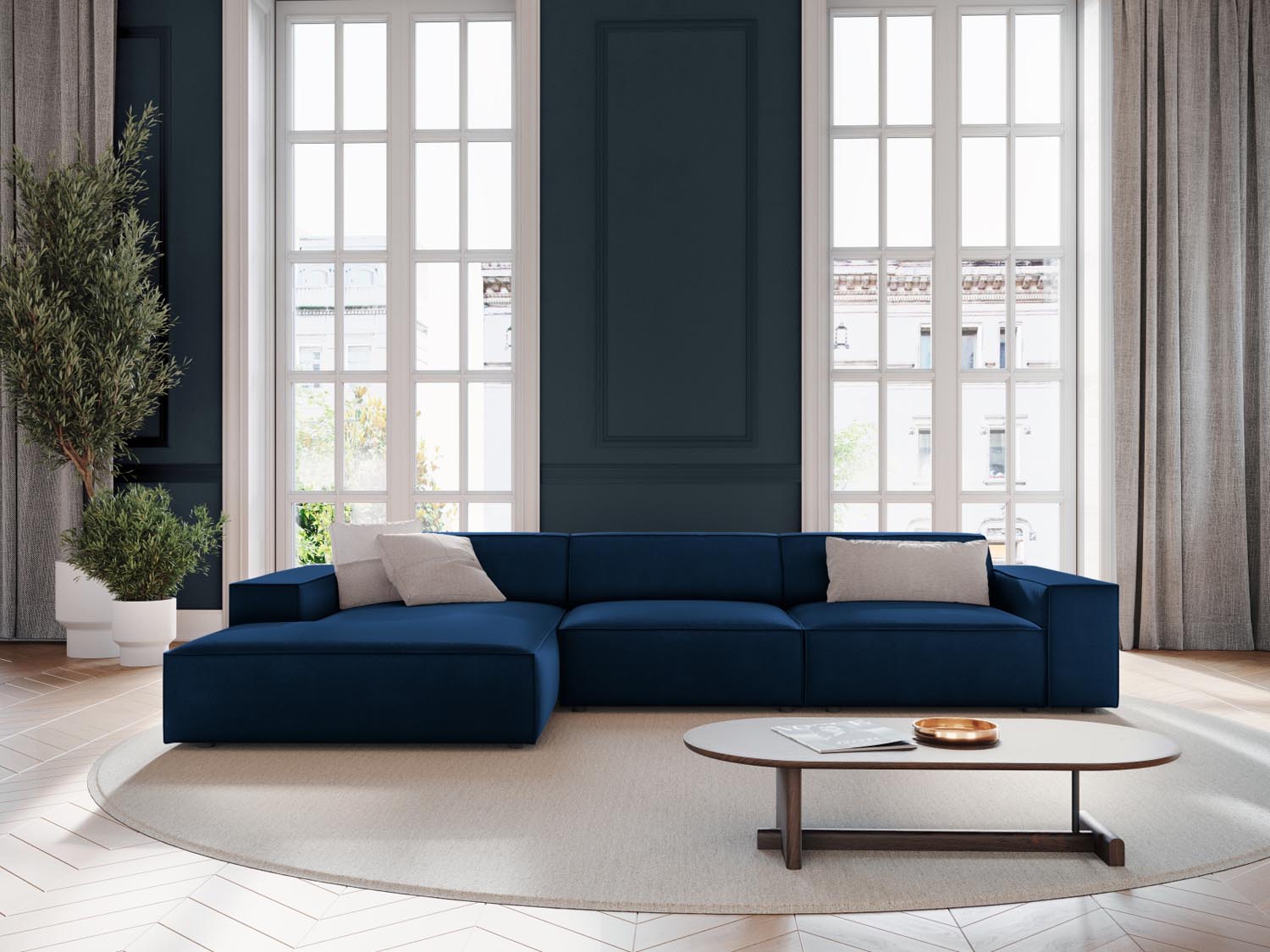 Elegantes, modulares Ecksofa Jodie in Royal Blue, ideal für stilvolle Wohnräume. Komfortables 4-Sitzer-Design von Micadoni.