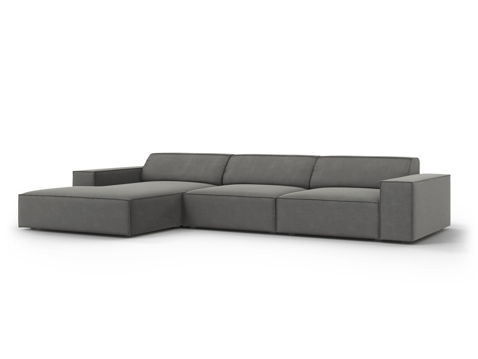 Modulares 4-Sitzer Ecksofa Jodie Velour in modernem Design, linksseitig, perfekt für gemütliche und stilvolle Wohnlandschaften.