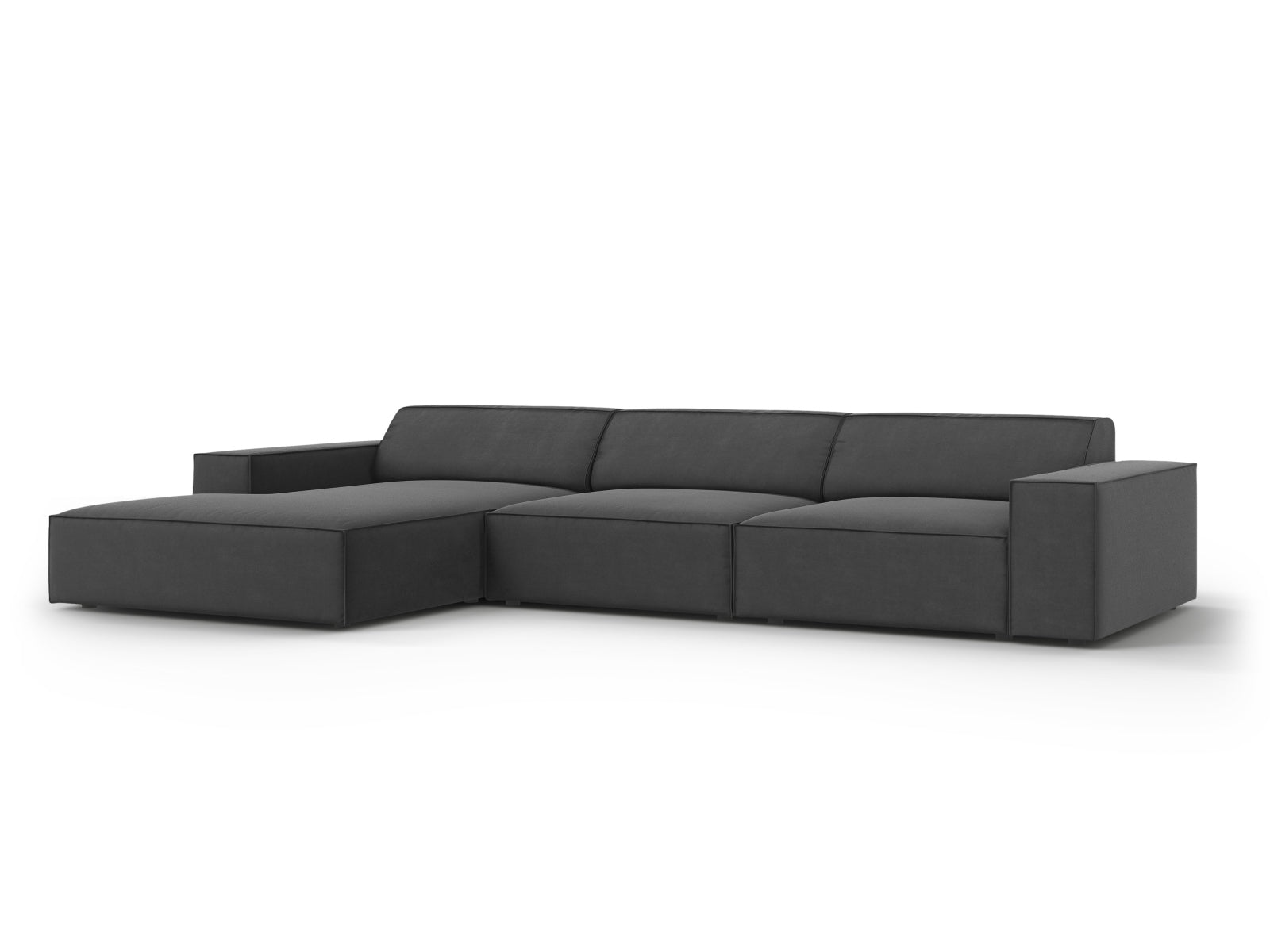 Modulares Jodie Velour Ecksofa in Grau-Blau, 4-Sitzer, linksseitig, perfekt für moderne Wohnkonzepte und entspannte Stunden.