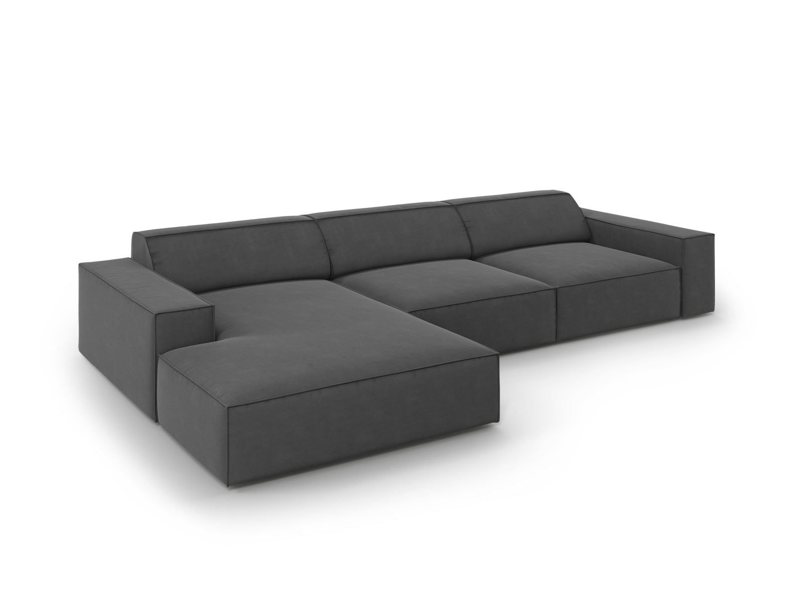Elegantes, modulares Ecksofa Jodie Velour in Grau-Blau, 4-Sitzer, linksseitig, ideal für stilvolle Wohnräume und gemütliche Abende.