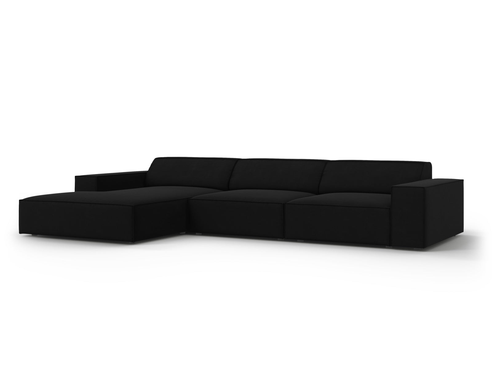 Modulares Jodie Velour Ecksofa in Schwarz-Bluvel, 4-Sitzer, linksseitig, perfekt für moderne Wohnkonzepte und entspannte Abende.