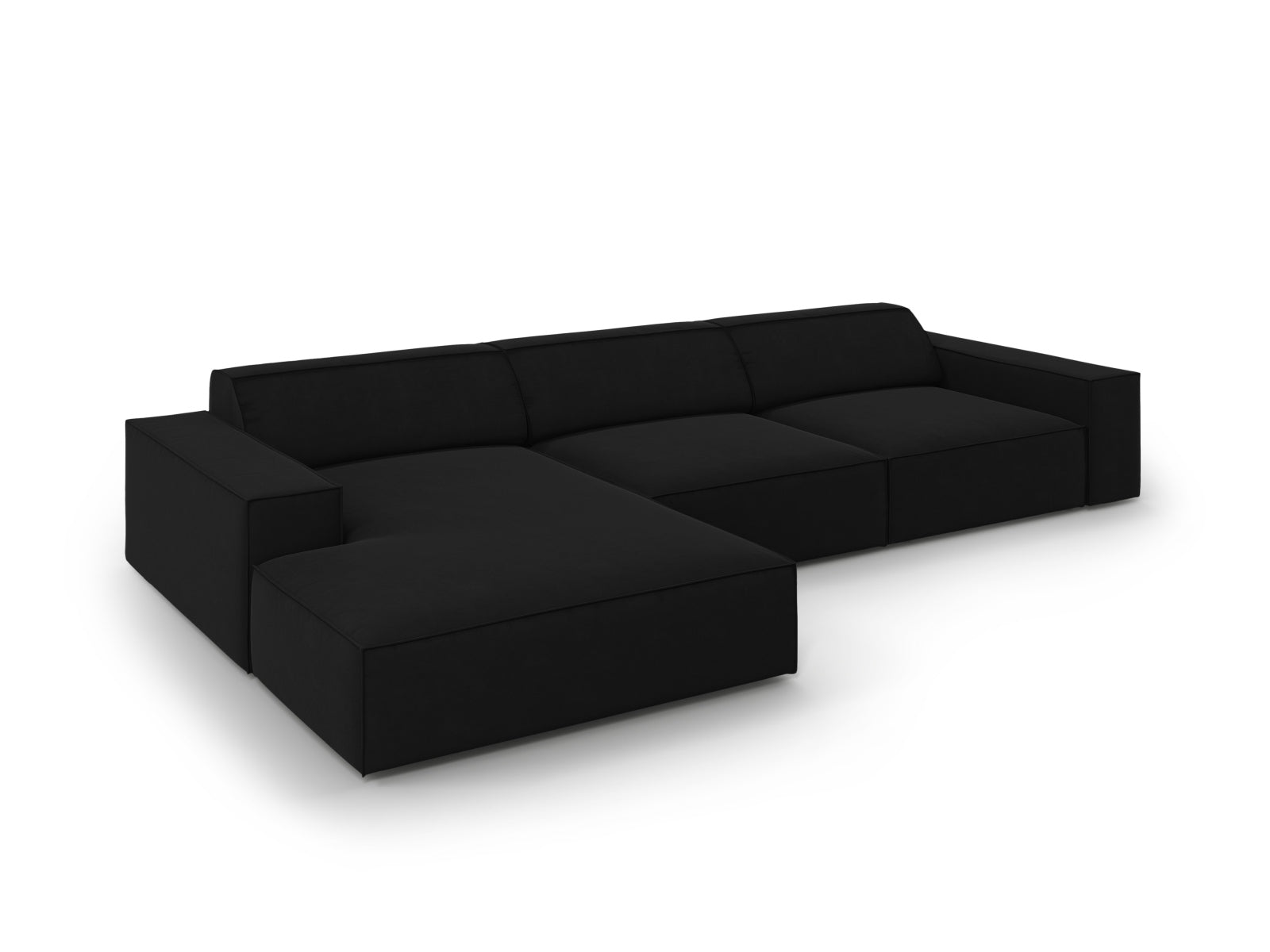 Elegantes, modulares Ecksofa Jodie Velour in Schwarz-Bluvel, 4-Sitzer, linksseitig, ideal für stilvolle Wohnräume und gemütliche Stunden.
