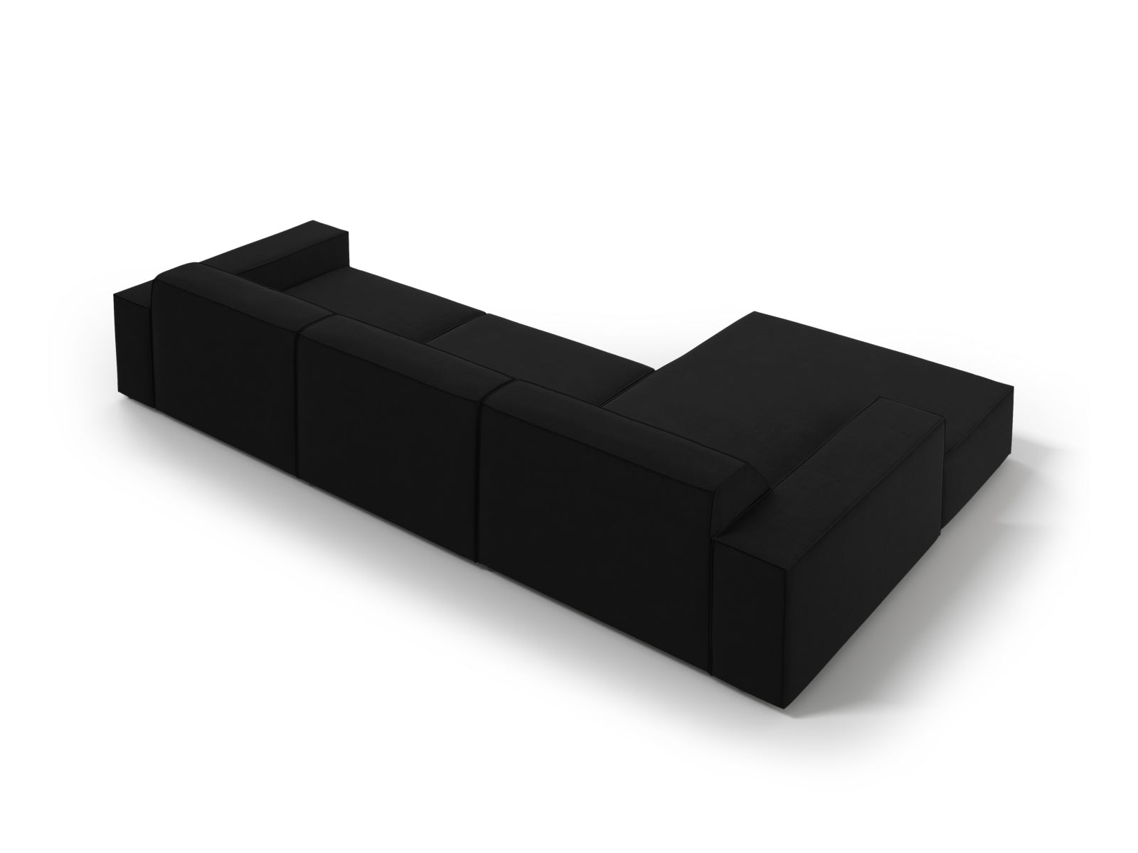 Stilvolles, modulares 4-Sitzer Ecksofa Jodie Velour in Schwarz-Bluvel, linksseitig, perfekt für moderne Wohnkonzepte und entspannte Abende.
