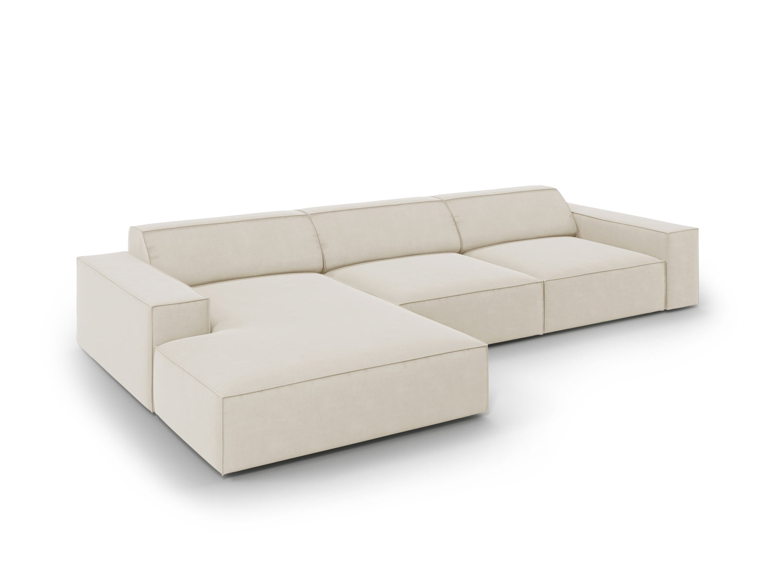 Elegantes, modulares Ecksofa Jodie in weichem Velours, linksseitig, 4-Sitzer in stilvollem Dunkelbeige, ideal für moderne Wohnräume.