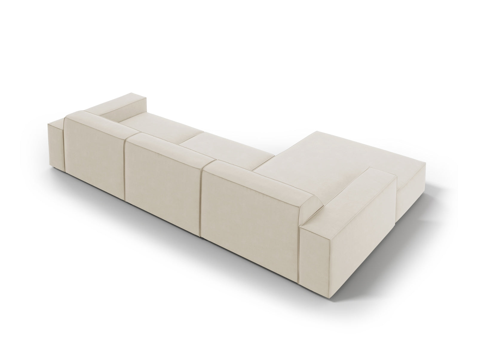 Modulares 4-Sitzer Ecksofa Jodie in luxuriösem Velours, linksseitig, in edlem Dunkelbeige, perfekt für stilvolle Wohnambiente.