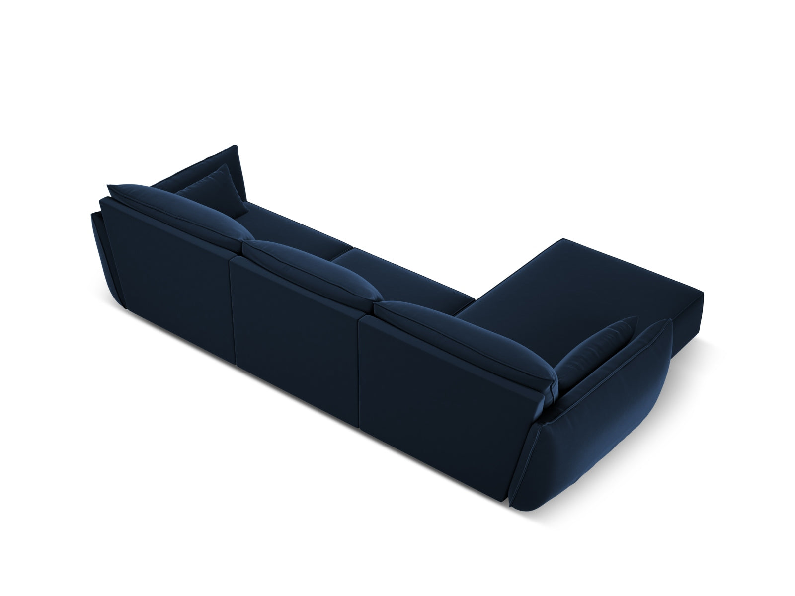 Luxuriöses Kaelle Velour Ecksofa links in tiefem Royalblau, perfektes 4-Sitzer Möbelstück für moderne und elegante Wohnumgebungen.