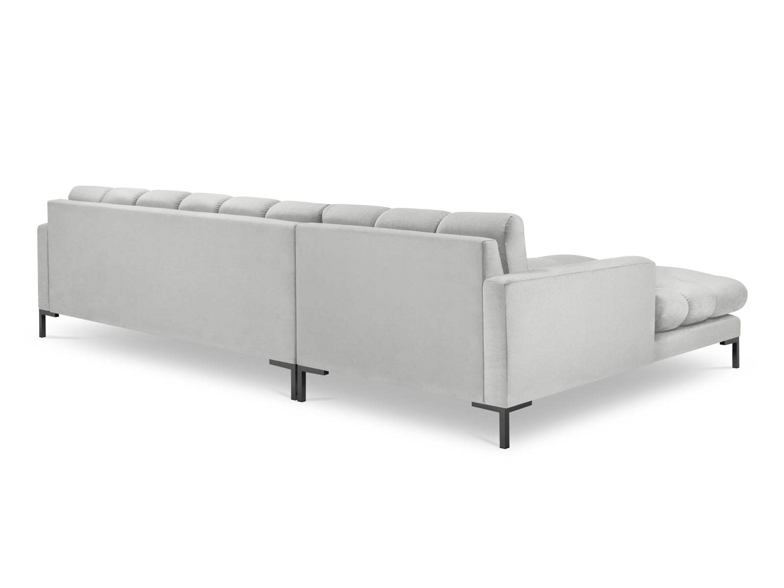 Elegantes Mamaia Velour Ecksofa links, 5-Sitzer in zeitlosem Silver/Schwarz-Bluvel, ideal für stilvolle Wohnräume und gemütliche Abende.