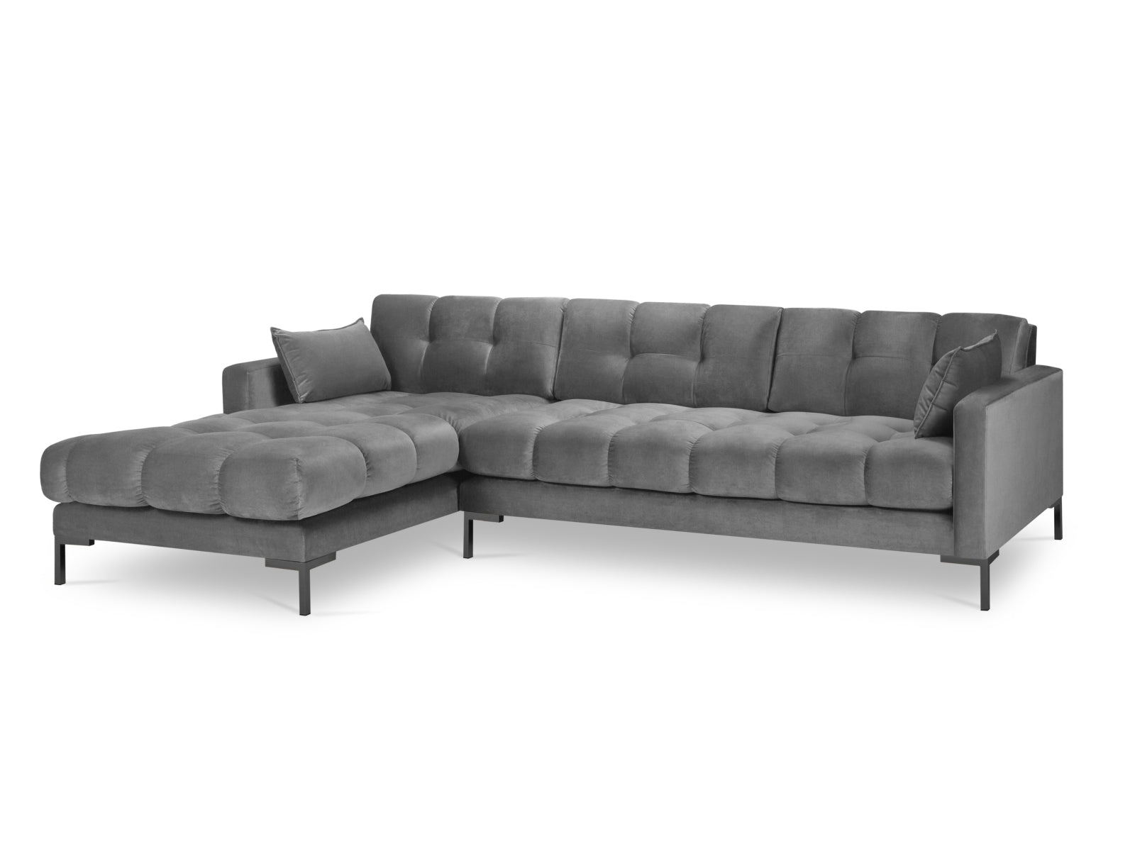 Stylisches Mamaia Velour Ecksofa links in edlem Grau und Schwarz-Bluvel, perfekt für gemütliche und moderne Wohnambiente.