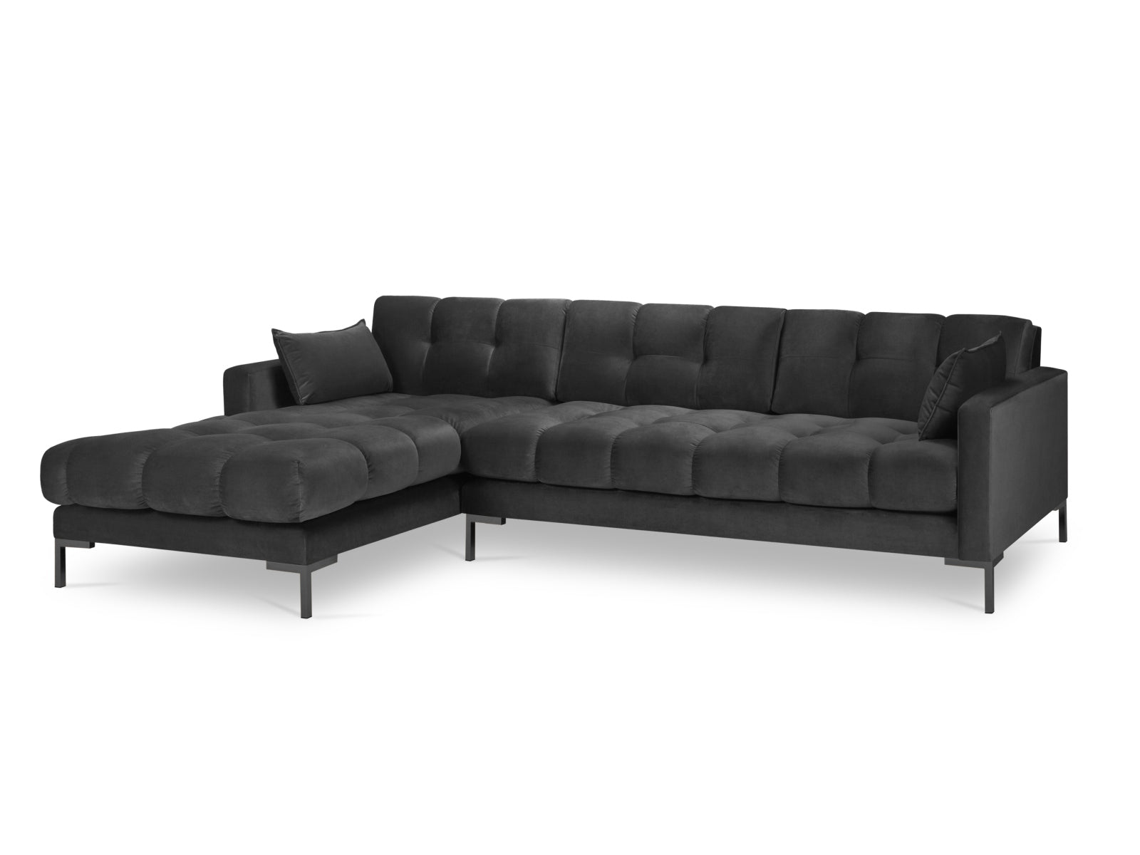 Modernes Mamaia Velour Ecksofa links in edlem Dunkelgrau, perfekt für gemütliche Wohnzimmer. 5-Sitzer von Micadoni für höchsten Komfort.