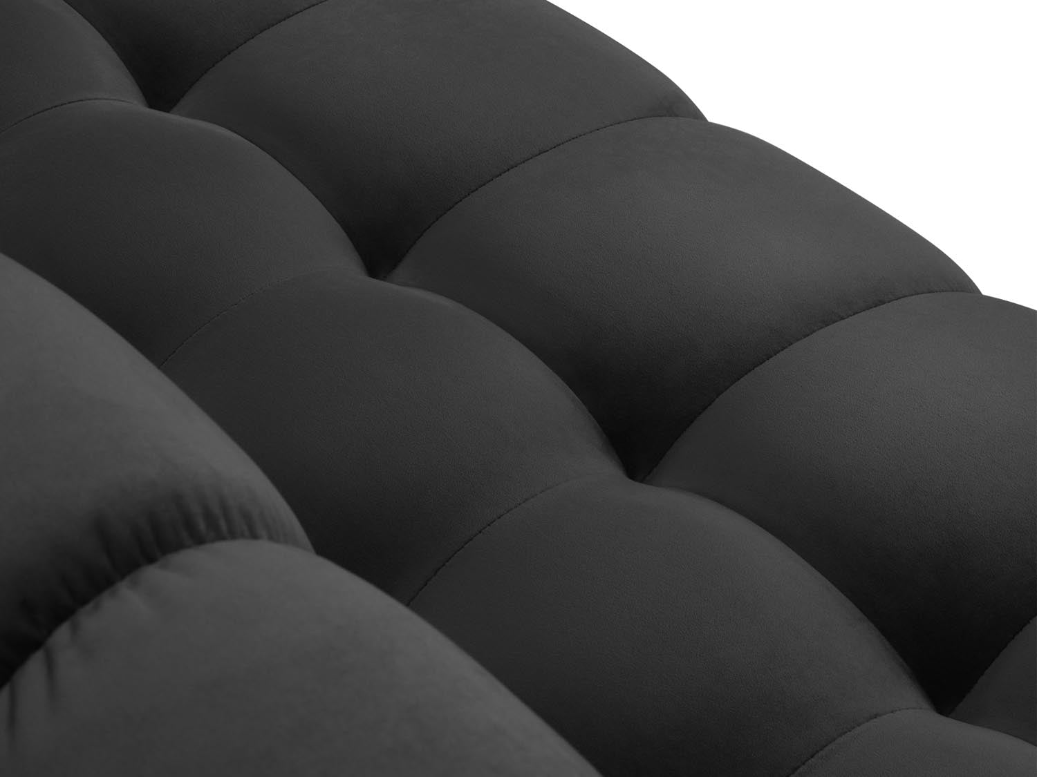 Modernes Mamaia Velour Ecksofa links in edlem Dunkelgrau, perfekt für stilvolle Wohnräume. 5-Sitzer von Micadoni für Komfort und Eleganz.