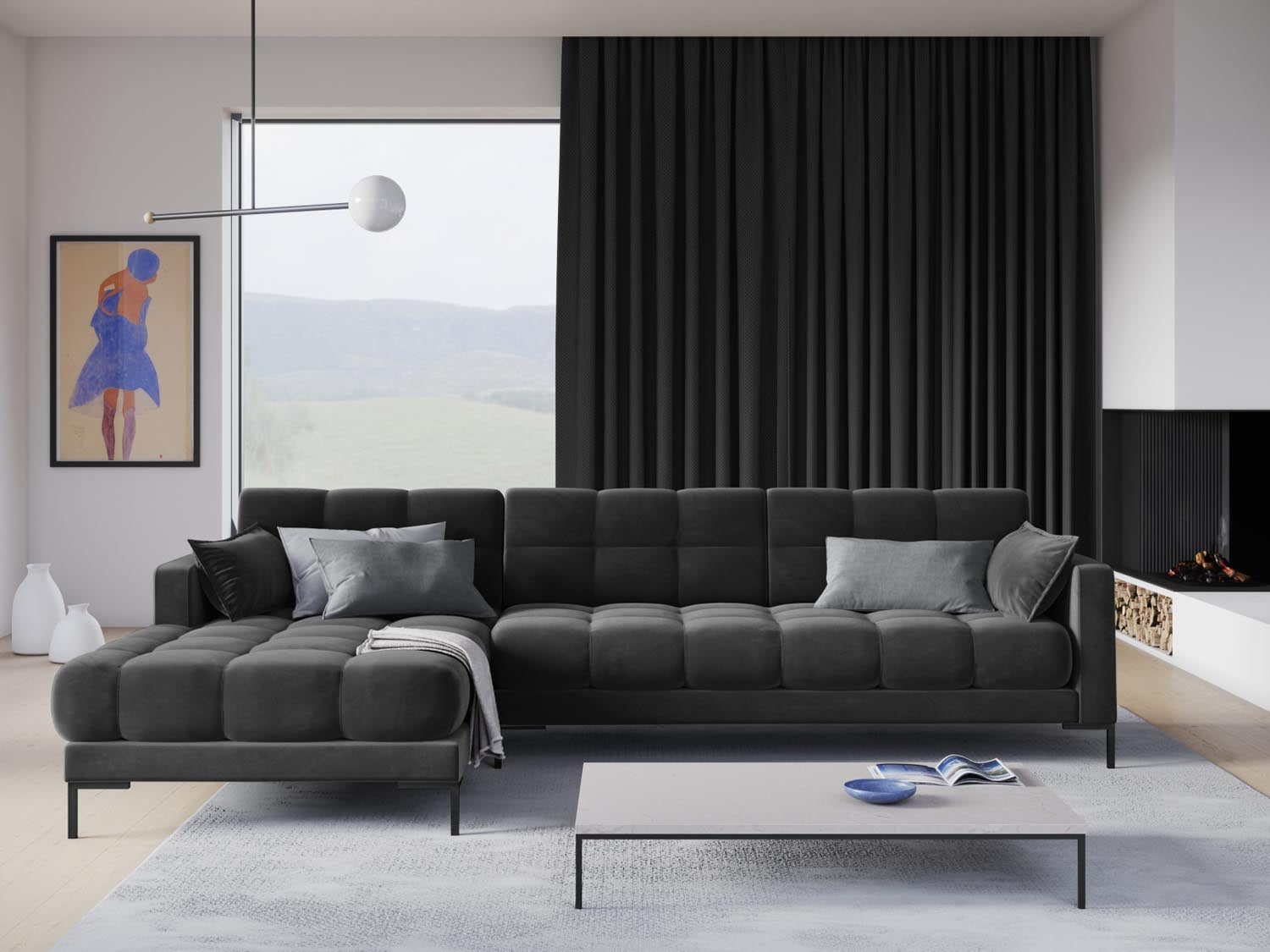 Elegantes Mamaia Velour Ecksofa links in Dunkelgrau, ideal für stilvolle Wohnräume. Komfortables 5-Sitzer Design von Micadoni.