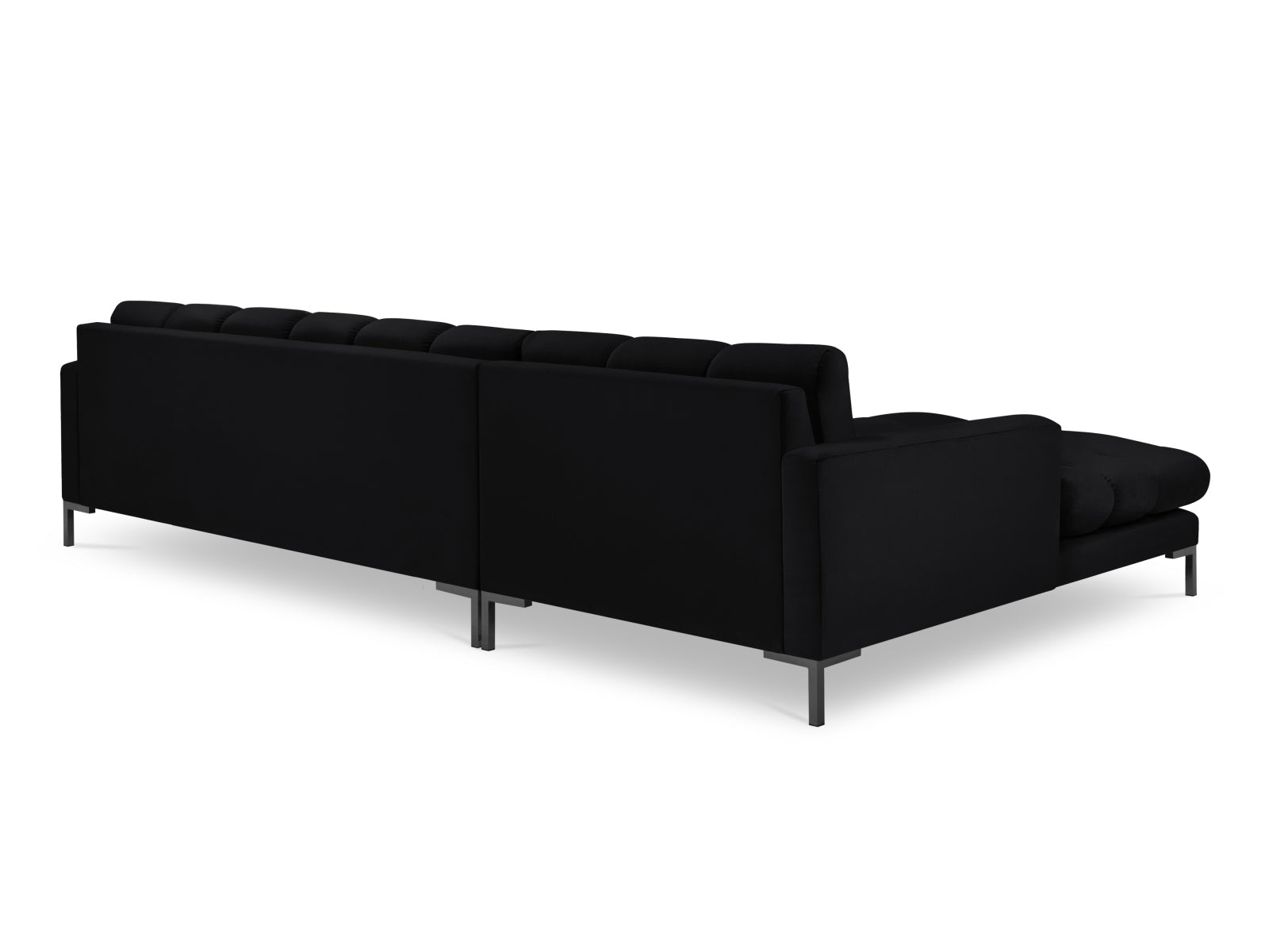Elegantes Mamaia Velour Ecksofa links, 5 Sitzer in luxuriösem Schwarz, ideal für moderne Wohnräume und stilvolle Einrichtung. Hochwertige Verarbeitung von Micadoni.