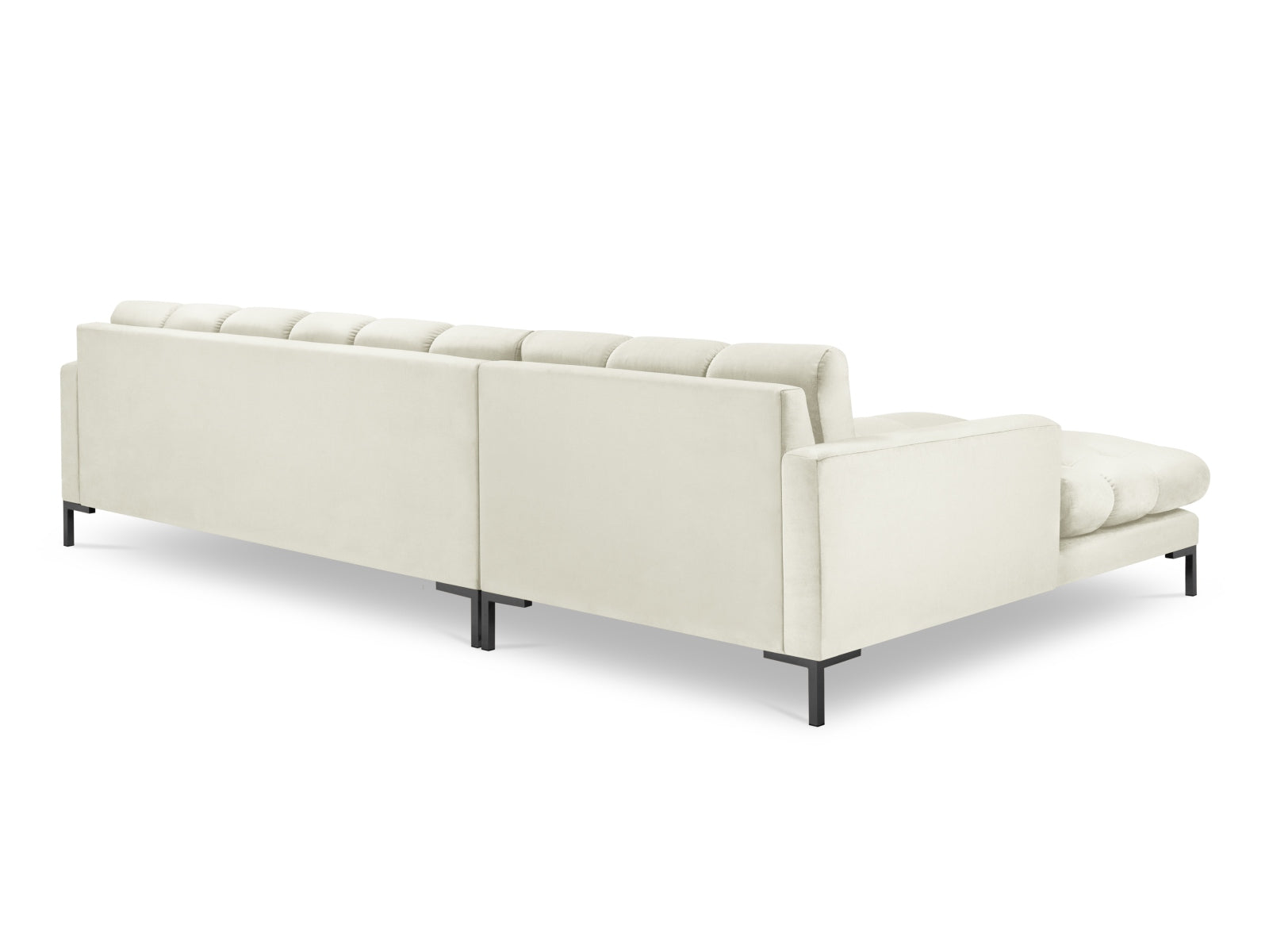 Elegantes Mamaia Velour Ecksofa links in sanften Beige- und Schwarztönen, ideal für gemütliche Abende und geschmackvolle Wohnräume.