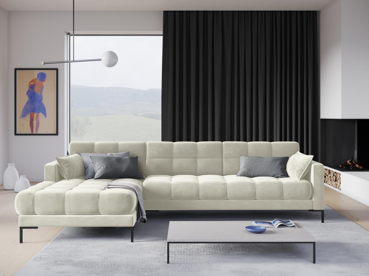 Elegantes Mamaia Velour Ecksofa links in sanften Beige- und Schwarznuancen, ideal für stilvolle Wohnräume und gemütliche Abende.