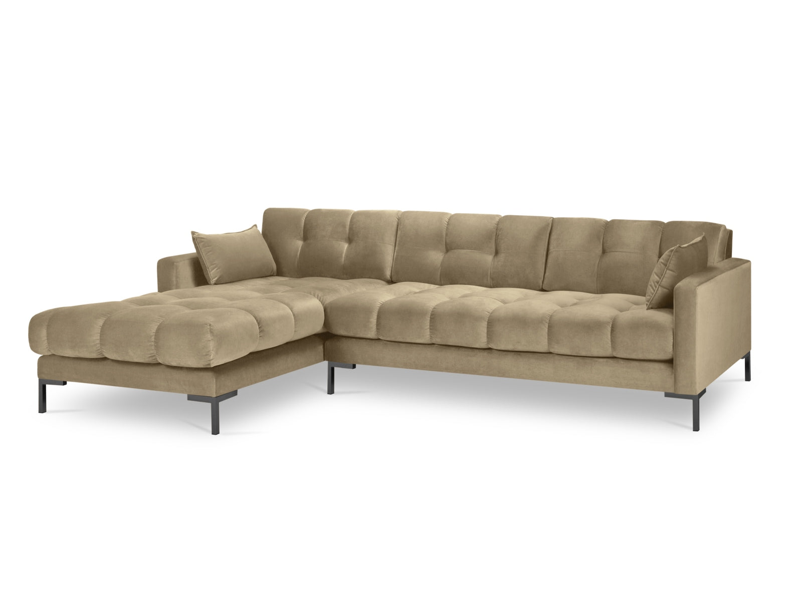 Elegantes Mamaia Velour Ecksofa links in Beige und Schwarz, ideal für stilvolle Wohnräume und gemütliche Abende mit Freunden.