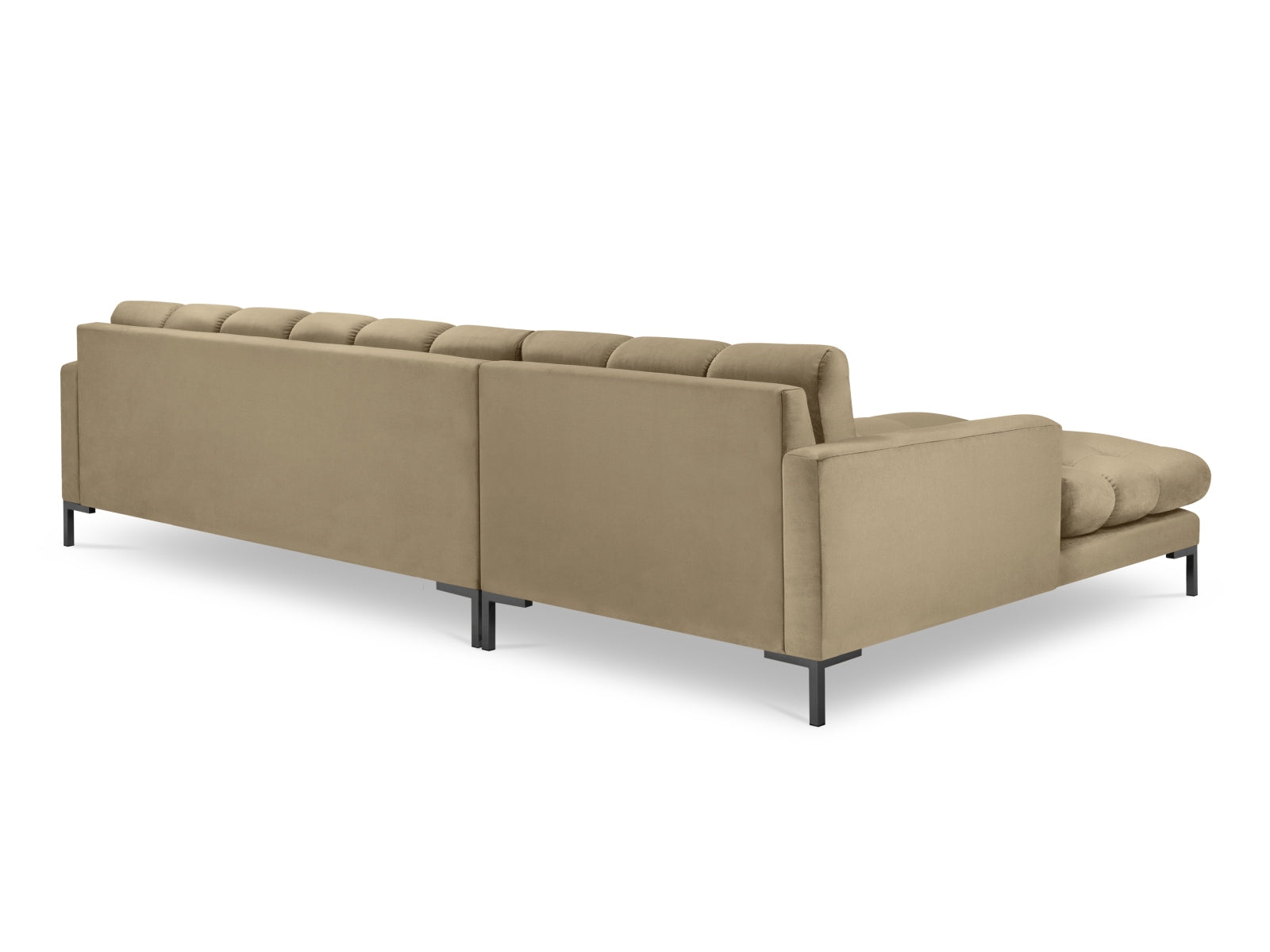 Stilvolles Mamaia Velour Ecksofa links in sanften Beige- und Schwarztönen, perfekt für entspannte Stunden und modernes Wohndesign.