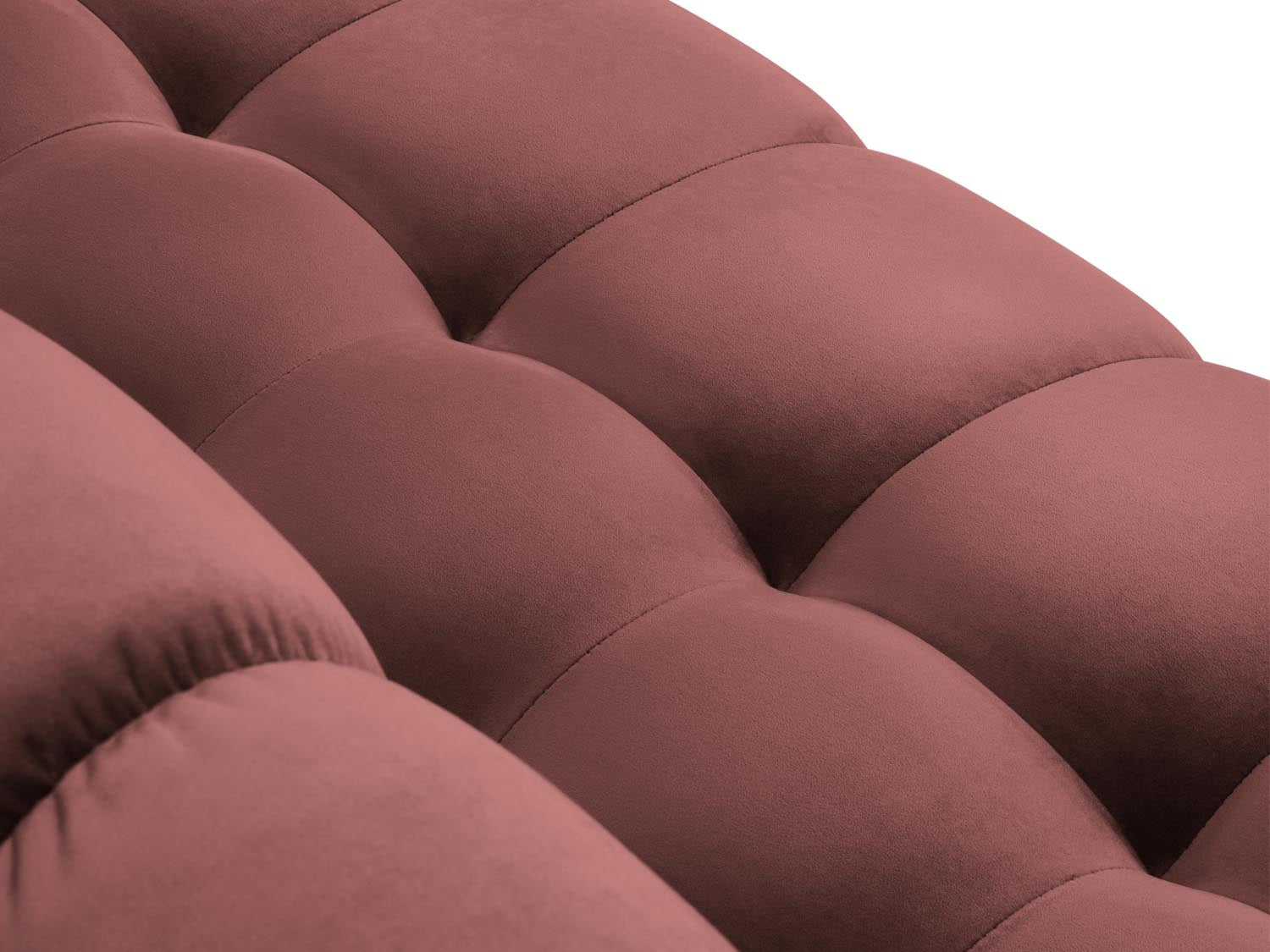 Elegantes Mamaia Velour Ecksofa links in trendigem Pink und Schwarz, perfekt für stilvolle Wohnräume und entspannte Stunden. 5-Sitzer von Micadoni.