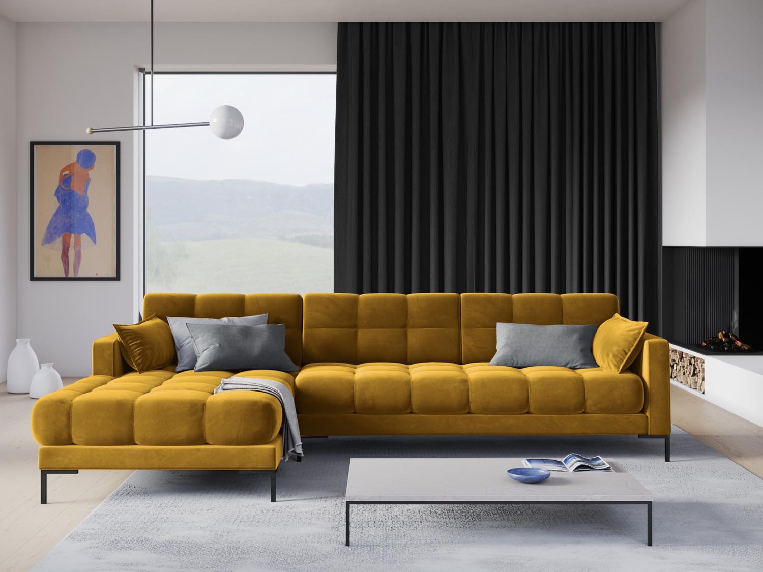 Elegantes Mamaia Velour Ecksofa links in stilvollem Gelb und Schwarz, ideal für moderne Wohnräume. Komfort und Design vereint.