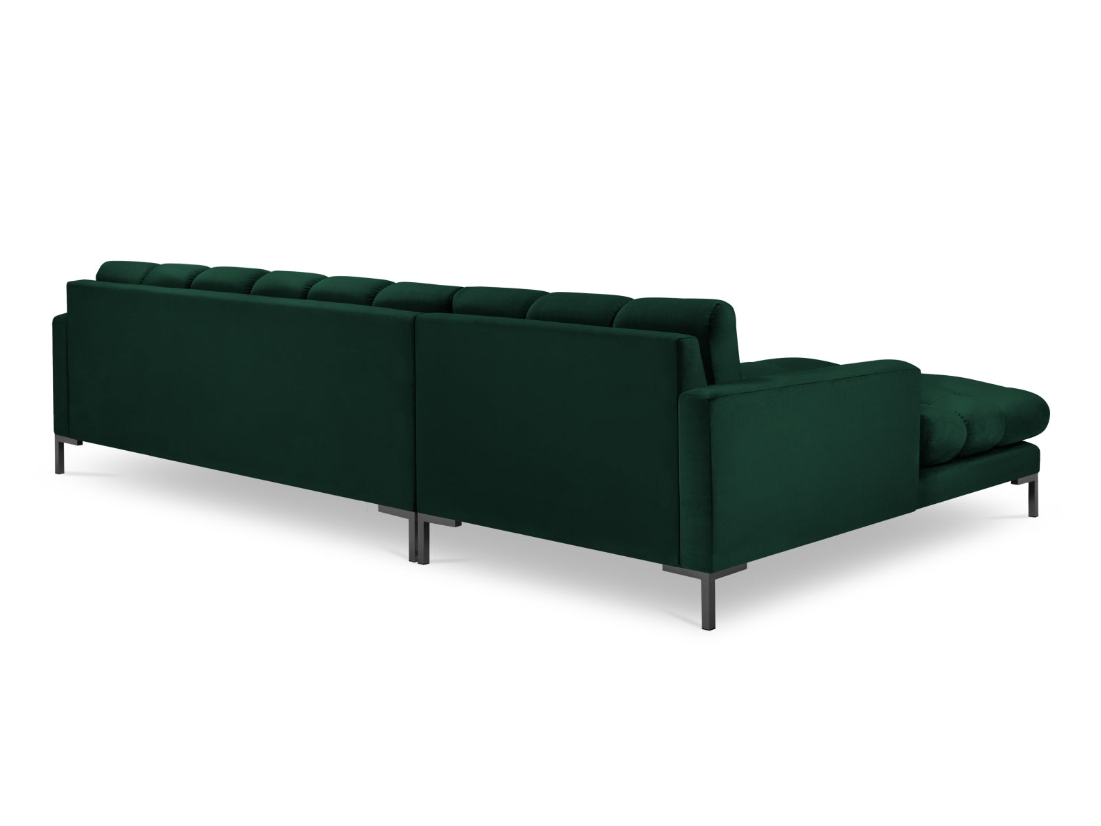 Elegantes Mamaia Velour Ecksofa links in tiefem Flaschengrün, ideal für gemütliche Abende und modernes Wohndesign.