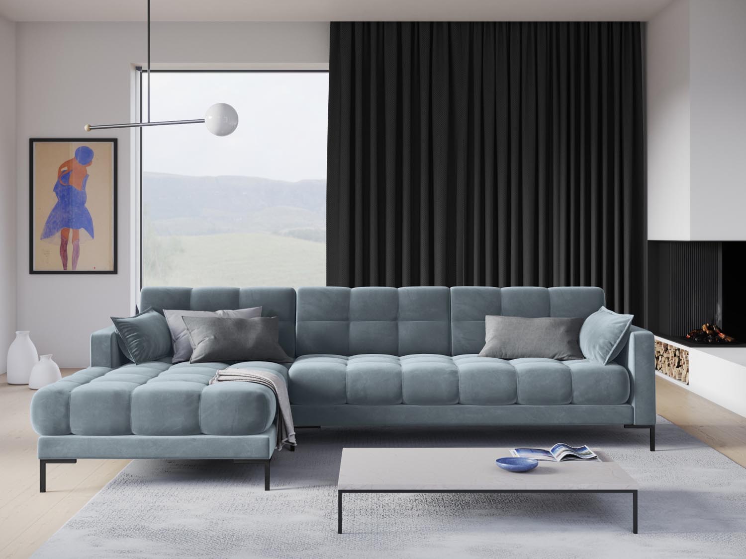 Elegantes Mamaia Velour Ecksofa links in sanftem Hellblau und Schwarz, ideal für stilvolle Wohnräume. 5-Sitzer von Micadoni.