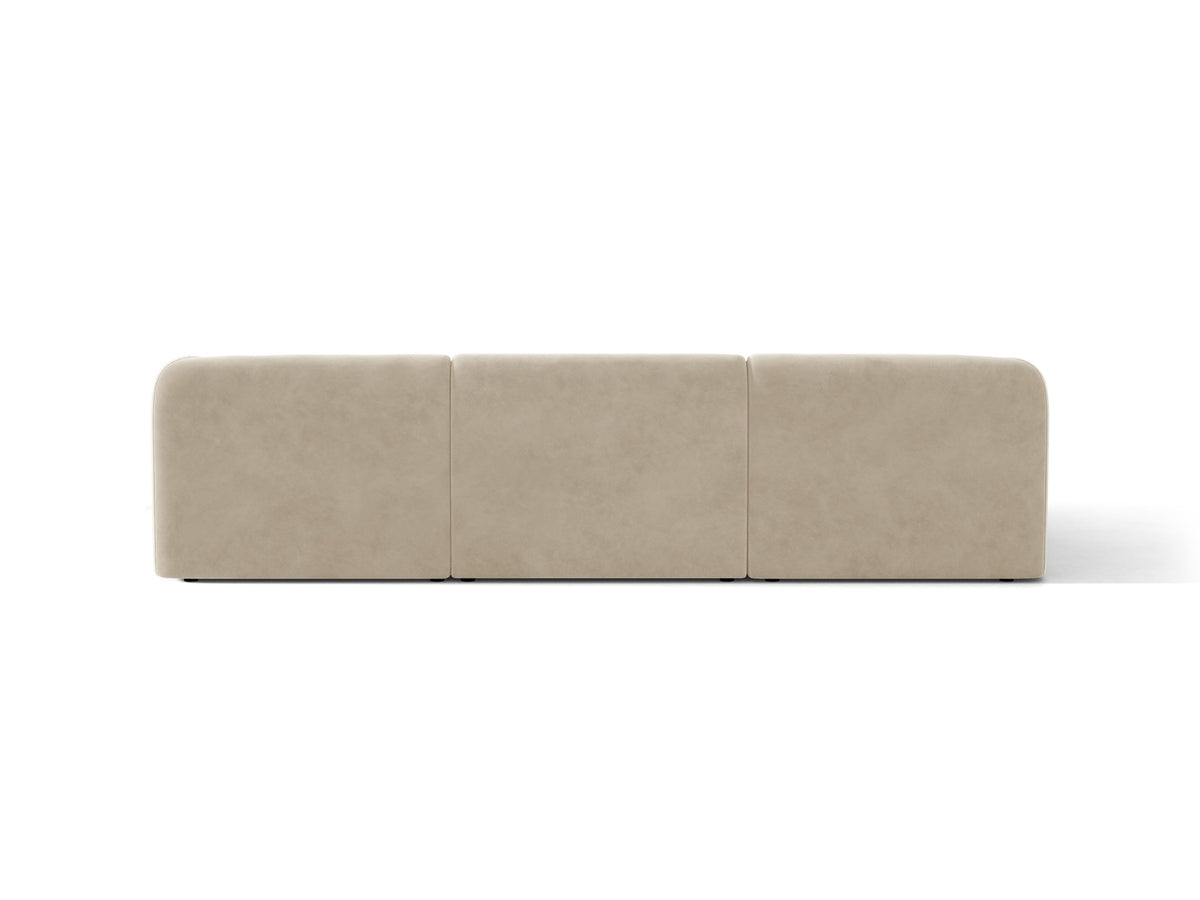 Miley Linkes Ecksofa von Micadoni, L-Sofa links in Dunkelbeige mit Bluvel-Stoffbezug und schwarzen Kunststoffbeinen, Frontalansicht.