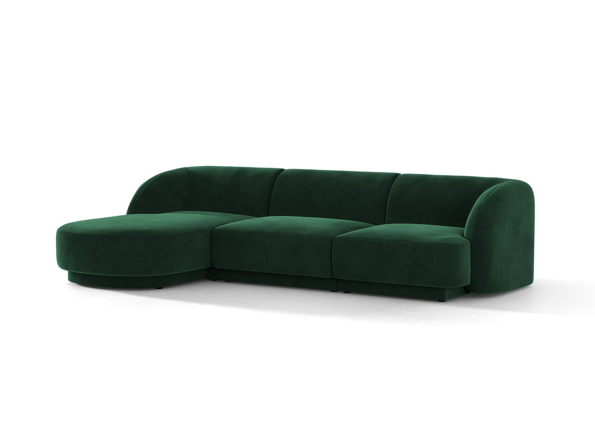 Miley Linkes Ecksofa von Micadoni, L-Sofa links in Dunkelbeige mit Bluvel-Stoffbezug und schwarzen Kunststoffbeinen, Frontalansicht.