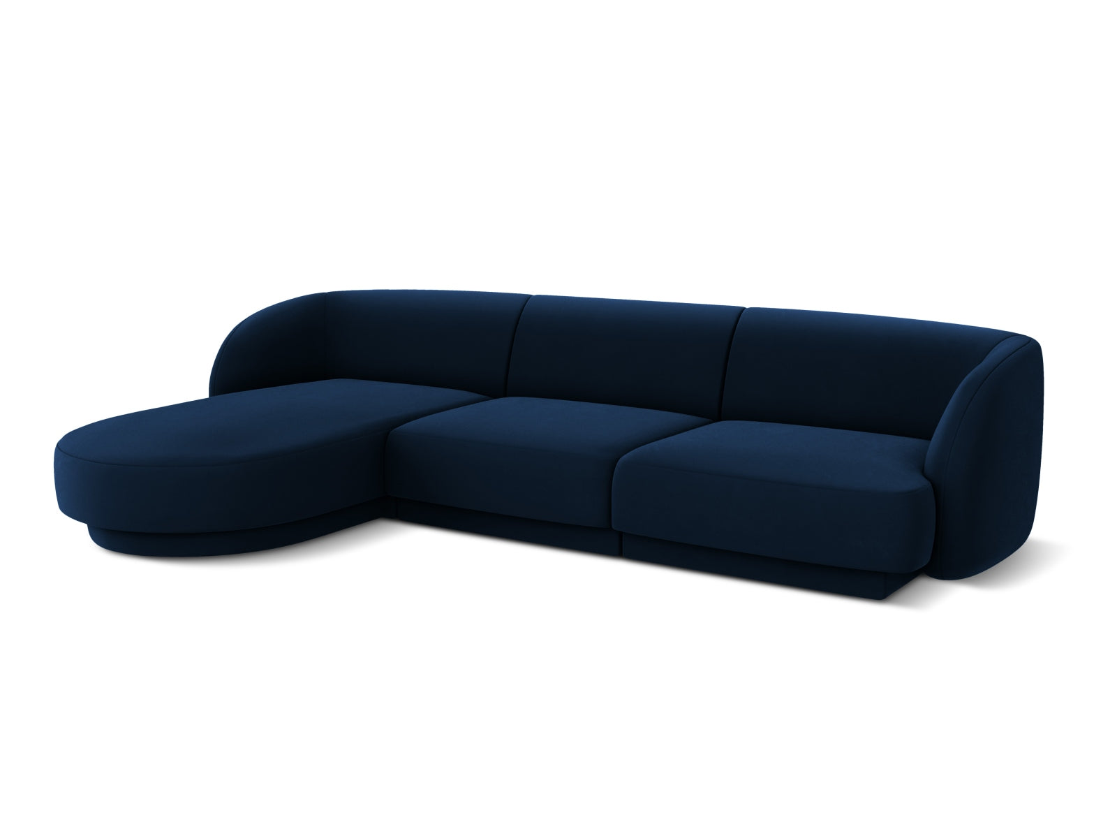 Luxuriöses Miley Velour Ecksofa links in tiefem Royalblau, 4-Sitzer, perfekt für moderne und elegante Wohnambiente von Micadoni.