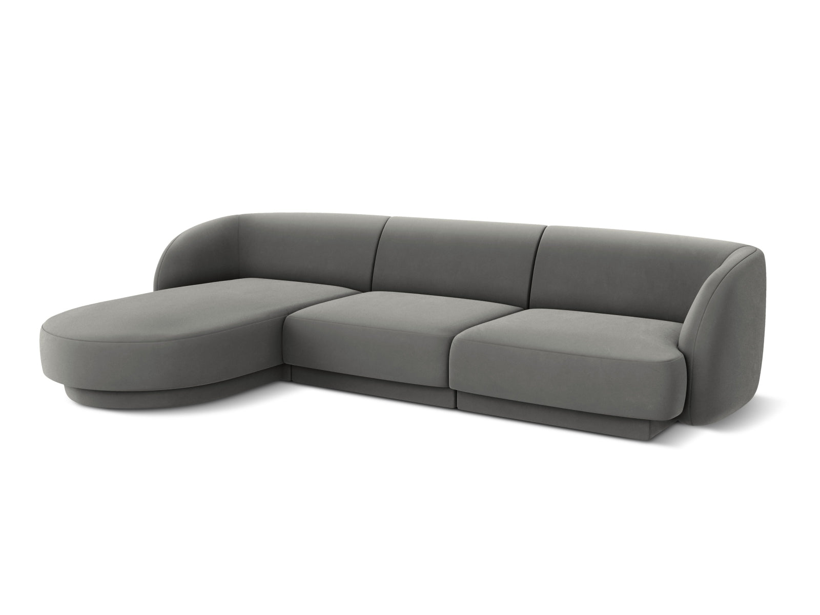 Modernes 4-Sitzer Miley Velour Ecksofa links in sanftem Light Grey-Bluvel, perfekt für gemütliche und stilvolle Wohnambiente.