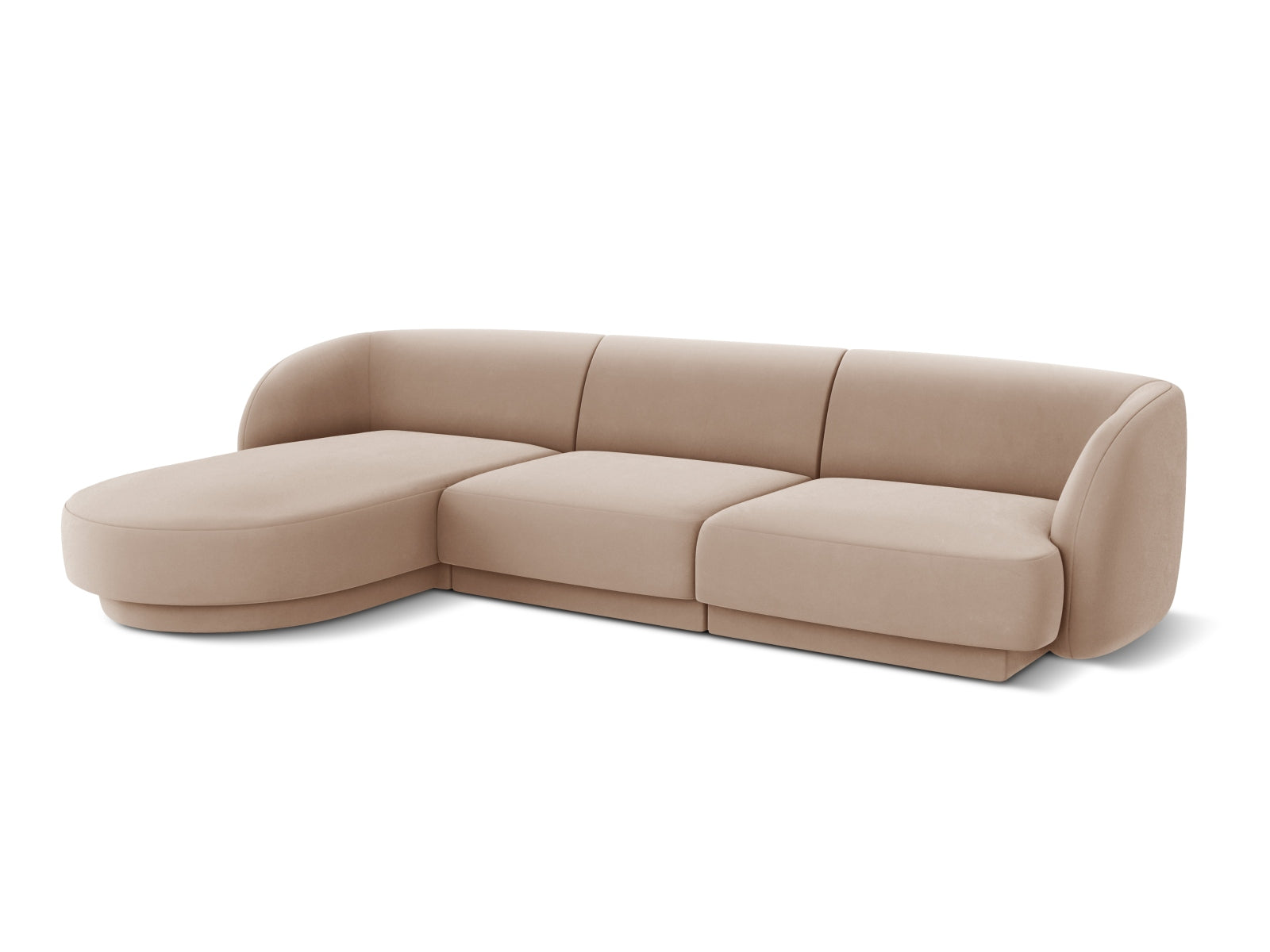 Gemütliches Miley Velour Ecksofa links, 4-Sitzer in edlem Cappuccino-Bluvel, perfekt für stilvolle Wohnzimmergestaltung.