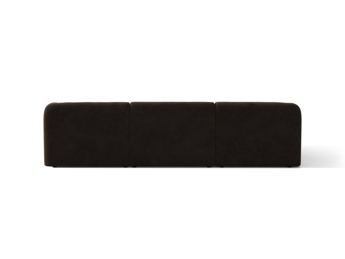 Miley Linkes Ecksofa von Micadoni, L-Sofa links in Dunkelbeige mit Bluvel-Stoffbezug und schwarzen Kunststoffbeinen, Frontalansicht.