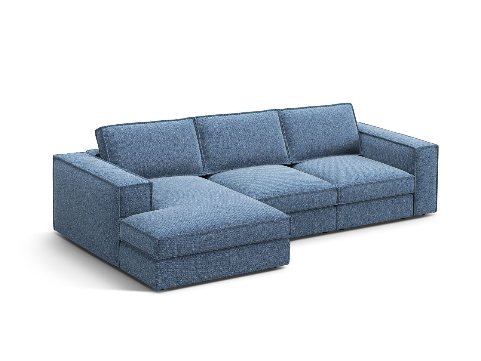 Elegantes 3-Sitzer Ecksofa Pola in Dunkelblau, modular und linksseitig, ideal für stilvolle Wohnräume.