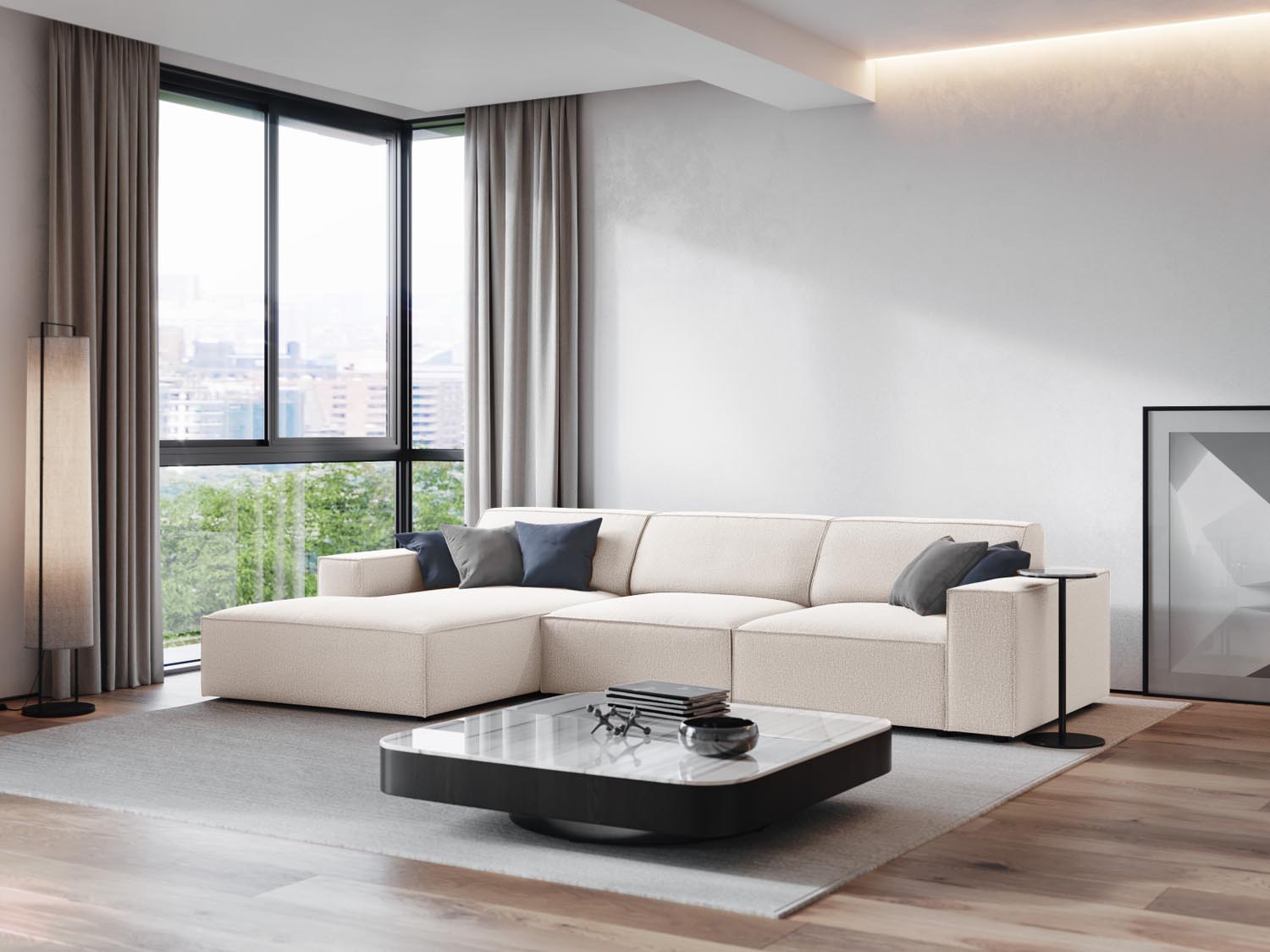 Elegantes, modulares Ecksofa Jodie in hellem Beige, ideal für stilvolle Wohnräume. Komfortables 4-Sitzer-Design von Micadoni.