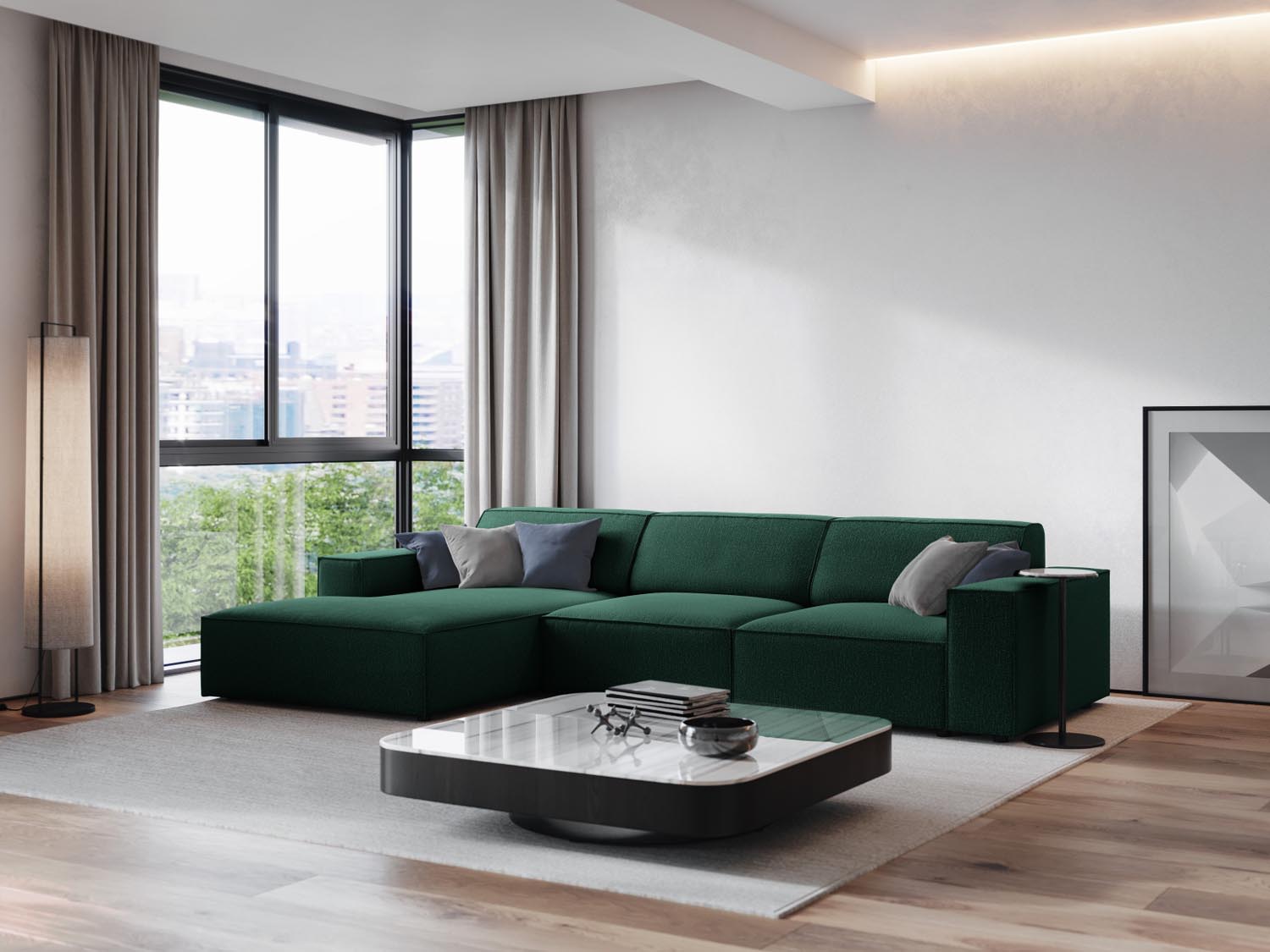 Elegantes, modulares Ecksofa Jodie in stilvollem Grün, ideal für moderne Wohnräume, präsentiert von Micadoni.