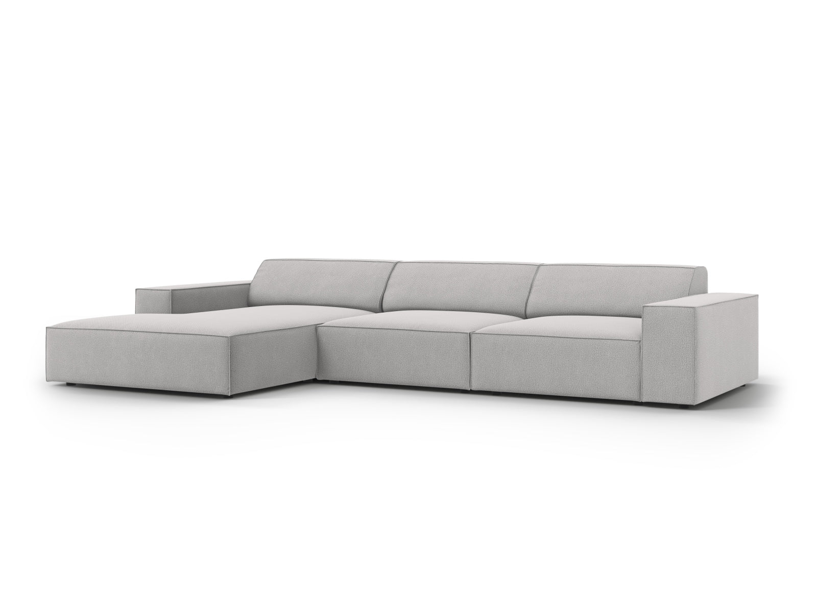 Elegantes, modulares 4-Sitzer Ecksofa Jodie in sanftem Grau, perfekt für stilvolle Wohnzimmer und gemütliche Entspannungsmomente.
