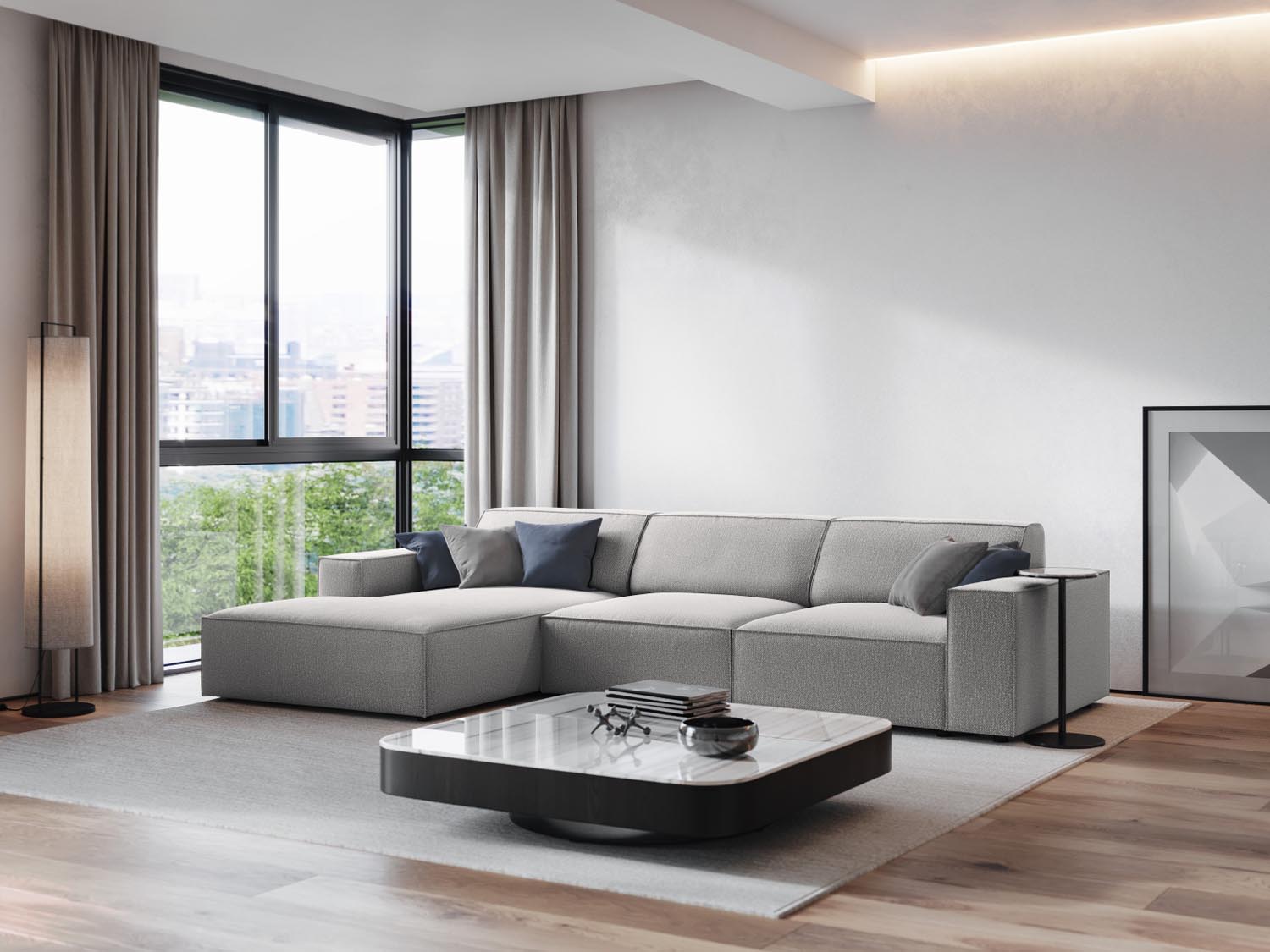 Stylisches, modulares Ecksofa Jodie in hellem Grau, ideal für moderne Wohnräume, präsentiert in einer einladenden Atmosphäre.