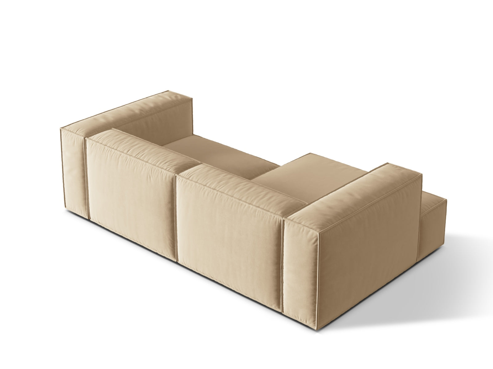 Elegantes Nuria Velour Ecksofa in zartem Nude, 3-Sitzer, linksseitig, ideal für stilvolle und einladende Wohnräume.