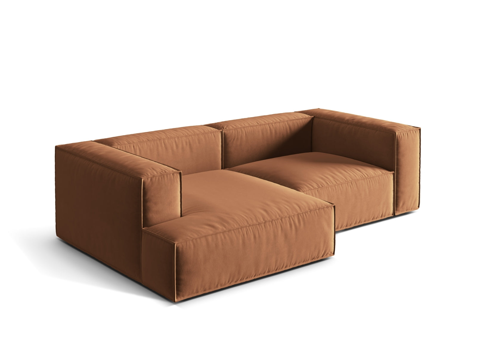 Modulares Nuria Velour Ecksofa links in sanftem Honey-Paris, bietet Komfort und Stil für jedes Wohnzimmer. Ideal für gesellige Abende.
