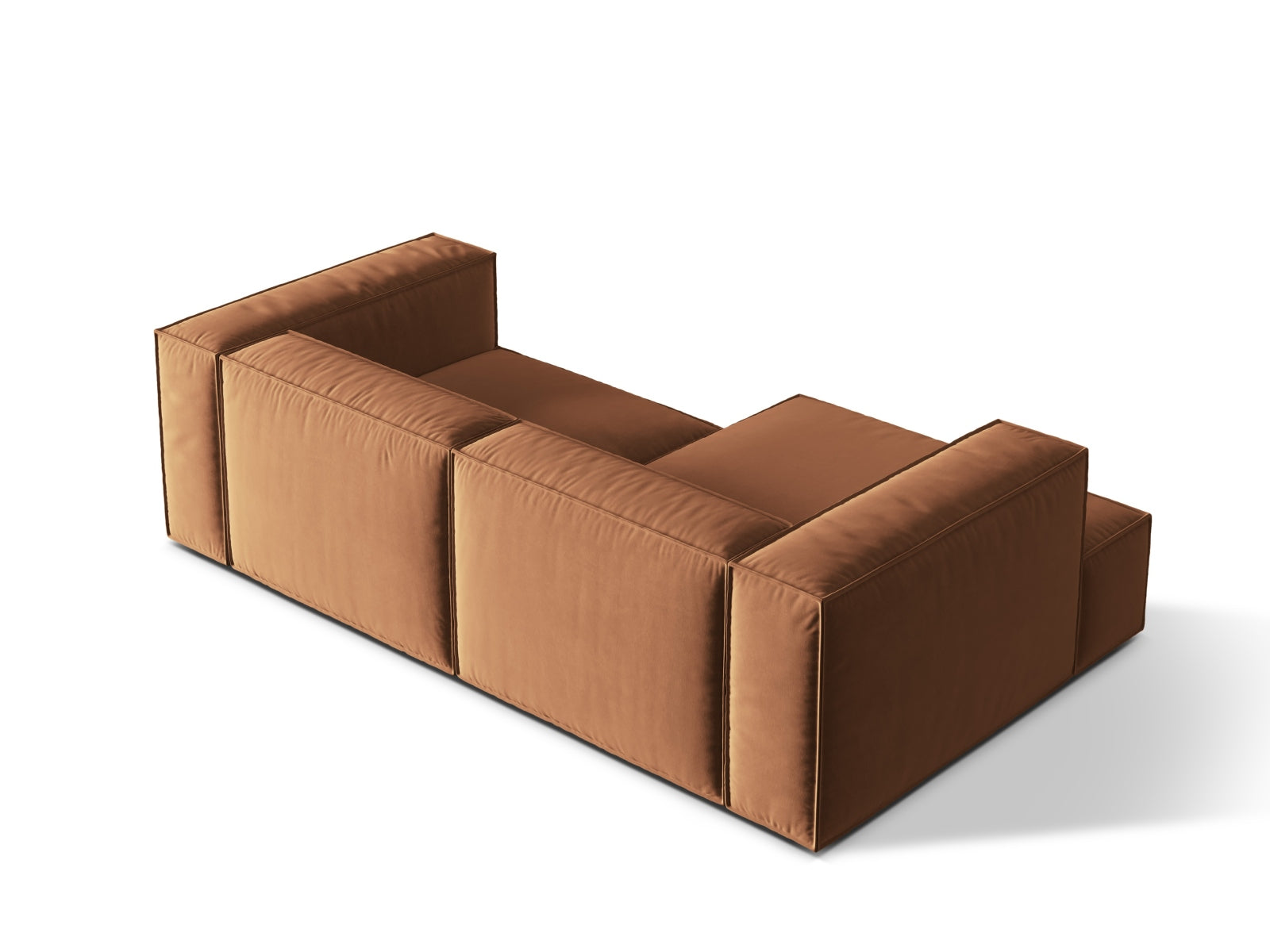 Elegantes Nuria Velour Ecksofa links in warmem Honey-Paris, perfekt für entspannte Stunden und stilvolle Wohnräume.