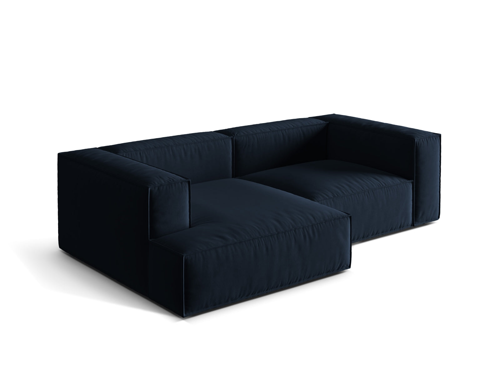 Modulares Nuria Velour Ecksofa in tiefem Blau, linksseitig, perfekt für moderne Wohnzimmer. Hochwertige Materialien und elegantes Design von Micadoni.