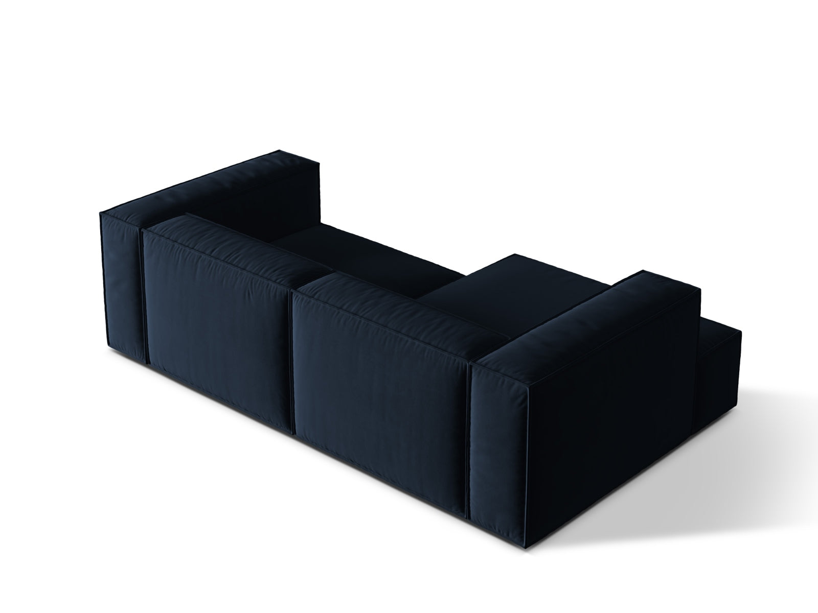 Elegantes, modulares Ecksofa in tiefem Blau, linksseitig, ideal für stilvolle Wohnräume. Hochwertige Verarbeitung von Micadoni.