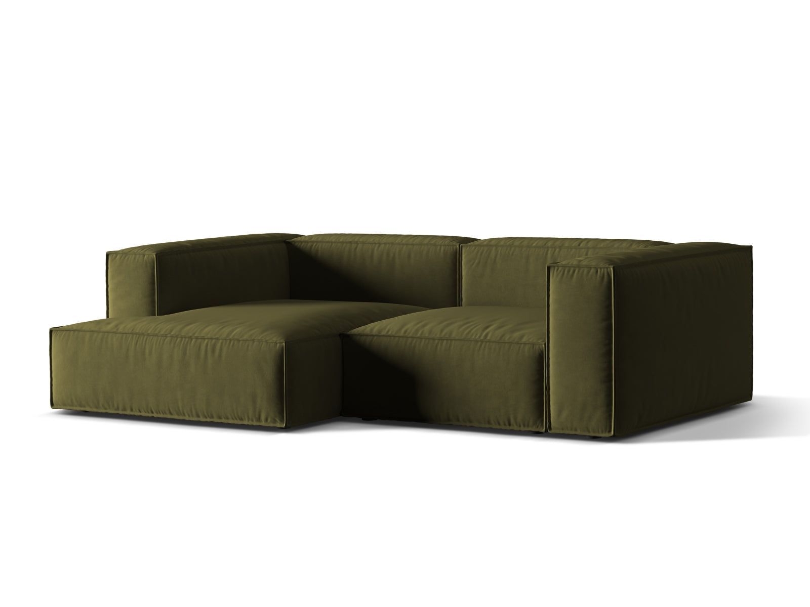 Elegantes Nuria Velour Ecksofa in Moss Green Melange, linksseitig, 3-Sitzer, ideal für stilvolle Wohnräume.